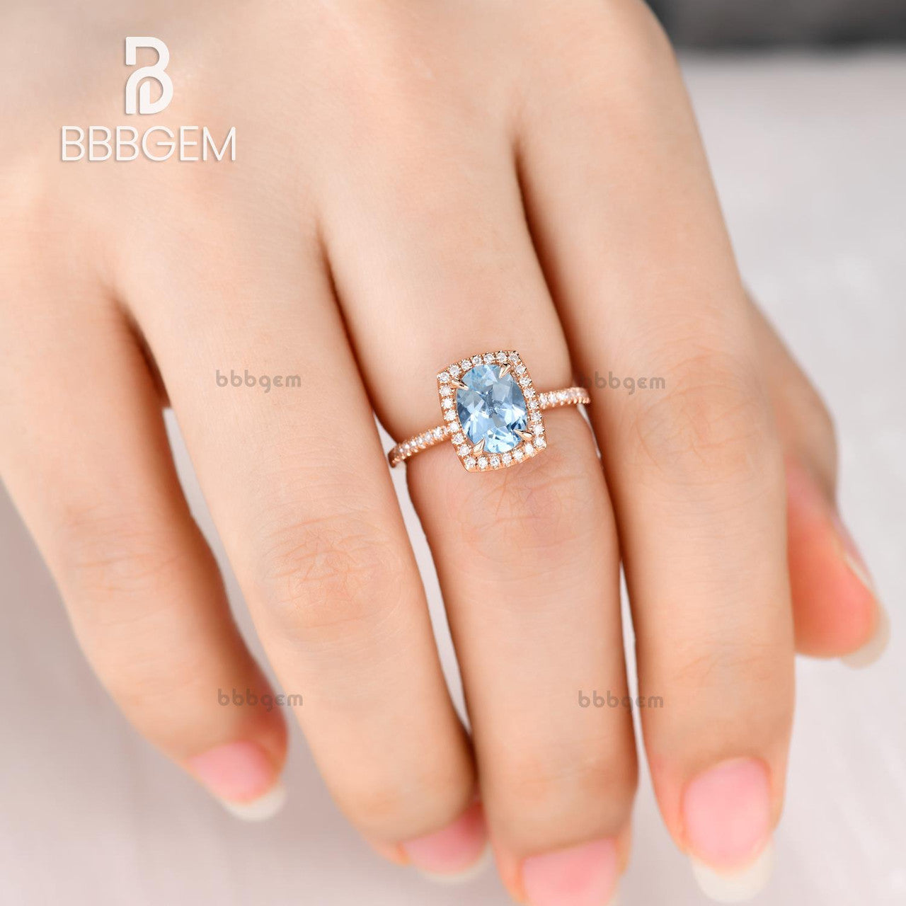 6x8mm Oval Aquamarine Engagement Ring - 14k Rose Gold Diamond Wedding Ring with Blue Gemstone Pave & Cushion Halo - Thin Elegant Design for Bridal, Anniversary & Proposal Gifts