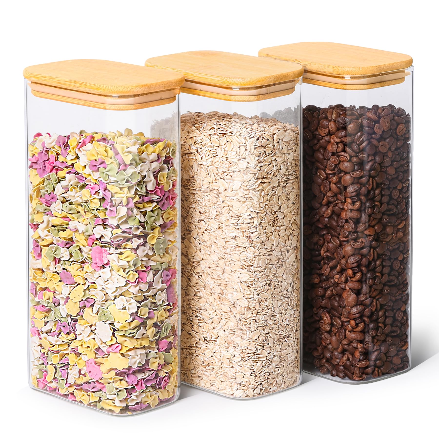 ComSaf 63oz Rectangle Glass Food Storage Containers with Bamboo Lids - Set of 3 Airtight Pantry Organizers for Flour, Pasta, Coffee Beans - Perfect for Kitchen, Baking & Meal Prep Organization