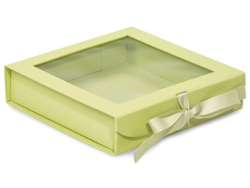 Bulk 8x8x2 Inch Pistachio Folding Gift Boxes with Ribbon Closures & Window Lid - 18 Pack (1 Unit) - Perfect for Wedding Favors, Party Treats & Nut Packaging