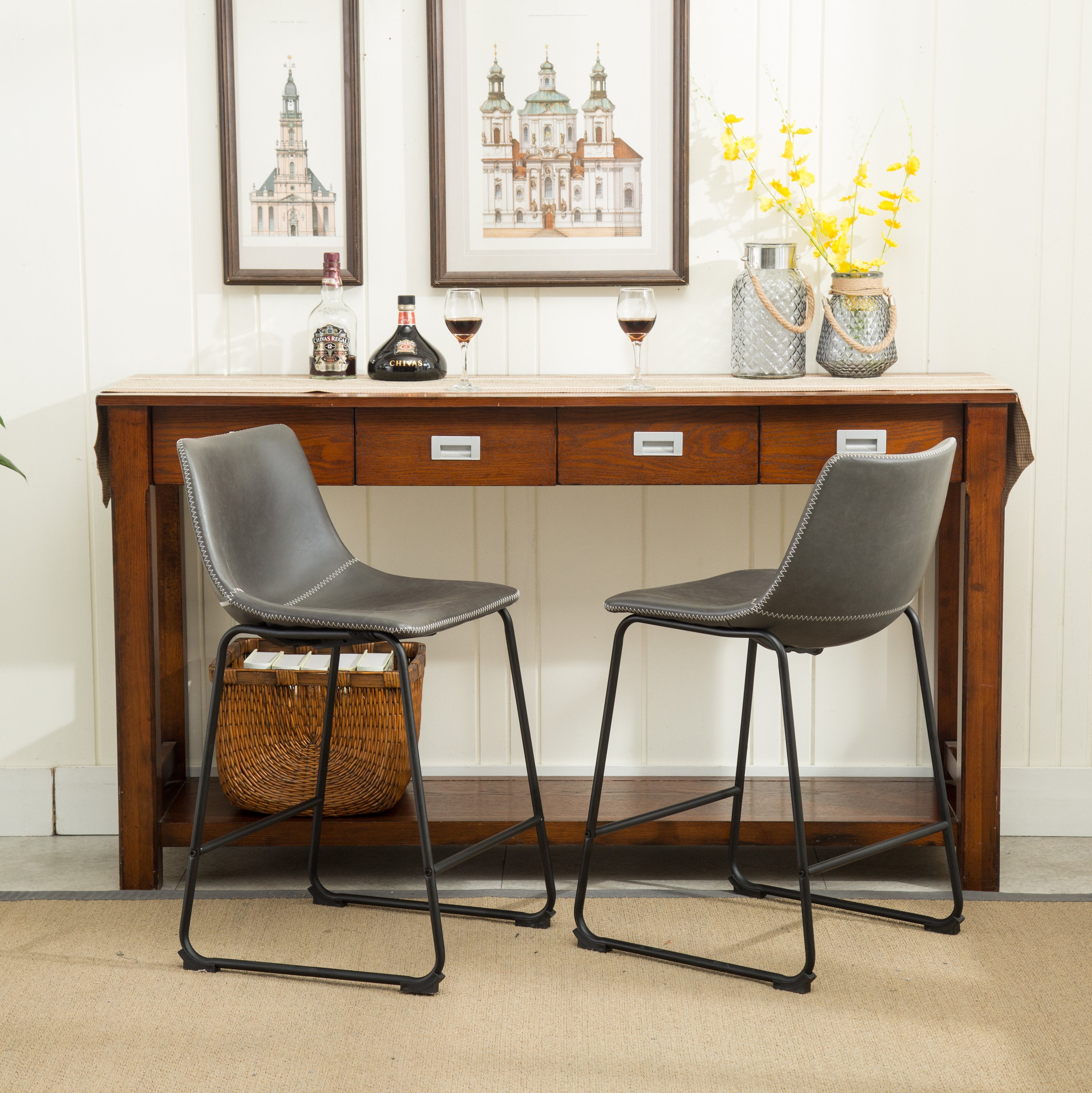 Vintage PU Leather Counter Height Bar Stools - Set of 2, Antique Gray - Roundhill Furniture Lotusville Collection - Perfect for Kitchen Islands, Breakfast Bars & Home Decor