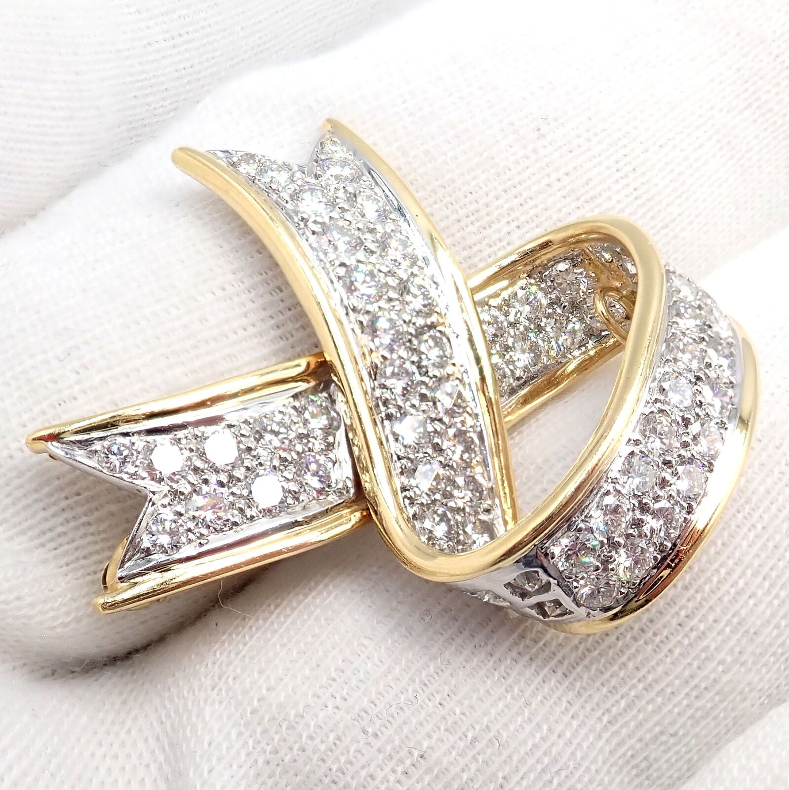 Vintage Tiffany & Co 18k Yellow Gold Platinum Diamond Ribbon Bow Pin Brooch - Elegant Jewelry for Women, Perfect for Weddings, Parties & Special Occasions