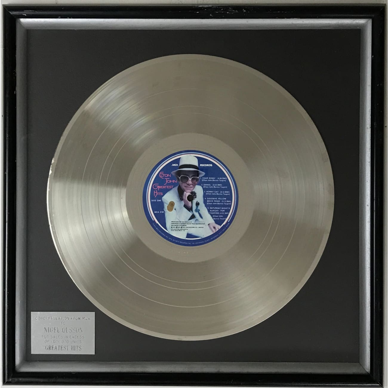 Elton John Greatest Hits 1970s Platinum Award - Rare Collectible Vinyl Record for Nigel Olsson | Perfect for Music Collectors & Vintage Decor