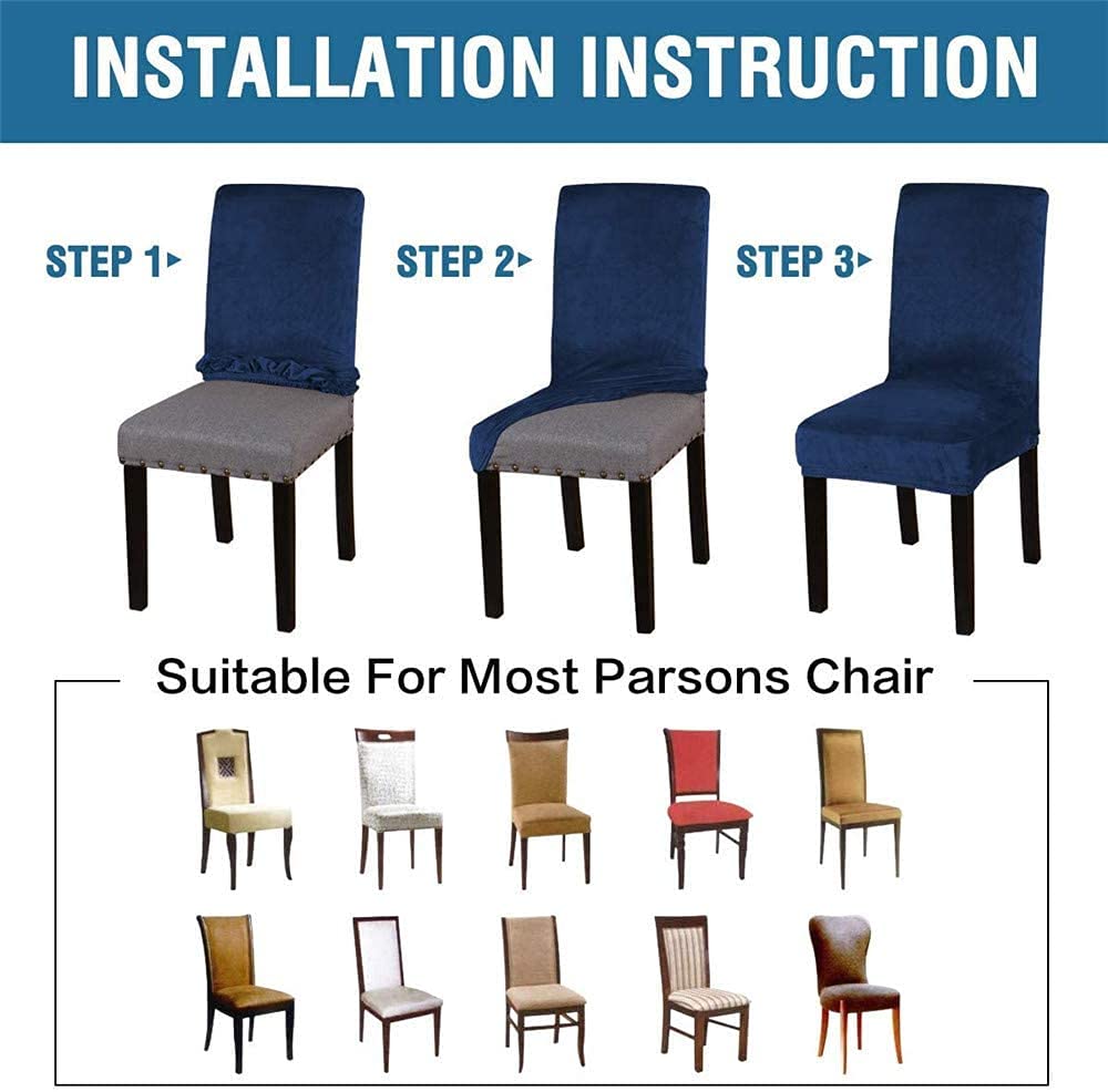 Velvet Dining Chair Covers - Stretch Slipcovers for Parson Chairs (Set of 6, Navy) - Washable & Durable for Home Dining