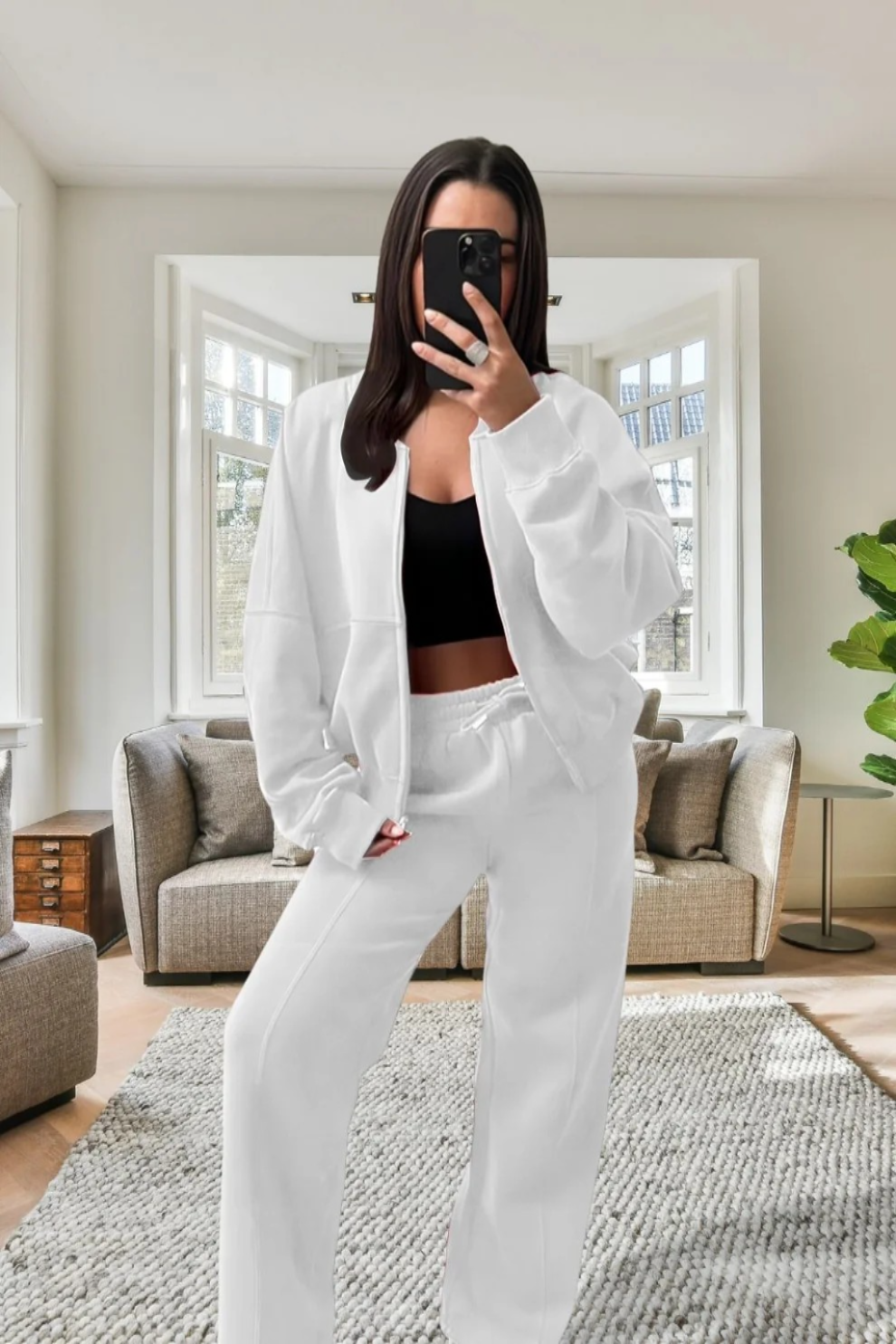 New Style Oversized Fleece Bomber Jacket with Zipper & Wide Leg Tracksuit Set - Cozy Winter Outfit for Streetwear, Casual Wear & Loungewear
