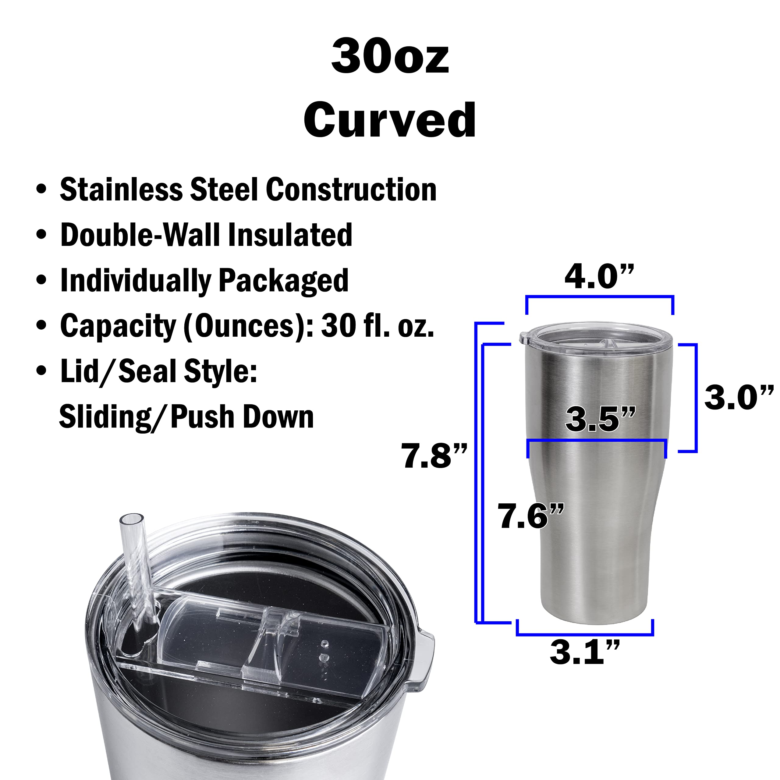 Makerflo Silver 30 oz Curve Stainless Steel Tumbler with Lid & Straw - 12 Pack | DIY Customizable Vacuum Insulated Cup for Epoxy, UV DTF, Vinyl & Laser Engraving (Not for Sublimation) - Perfect for Personalized Gifts, Parties, Office Use & Outdoor Activities