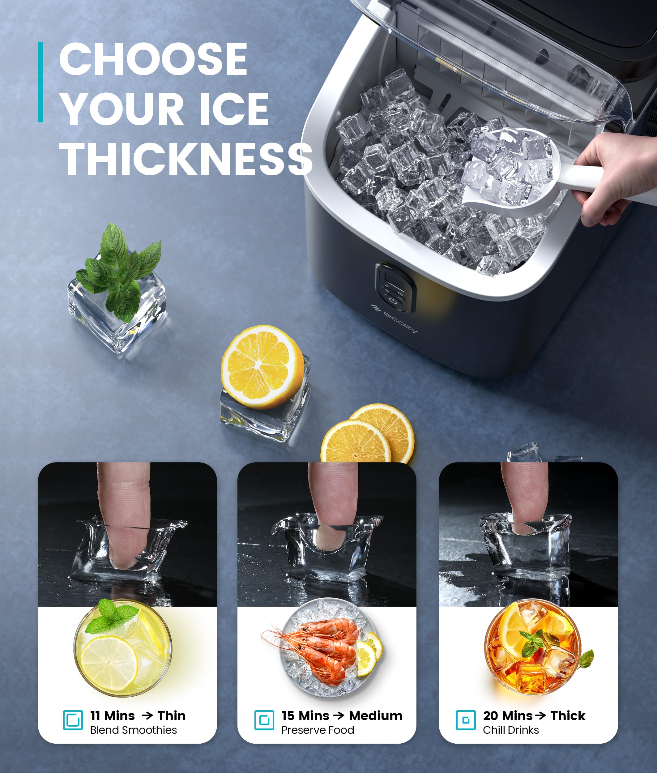 Ecozy Countertop Ice Maker Machine - 33lbs Daily Output, Self-Cleaning Portable Ice Cube Maker with 1.5L External Water Tank for Home, Office, Party & Bar - Perfect for Cocktails, Beverages & Outdoor Gatherings