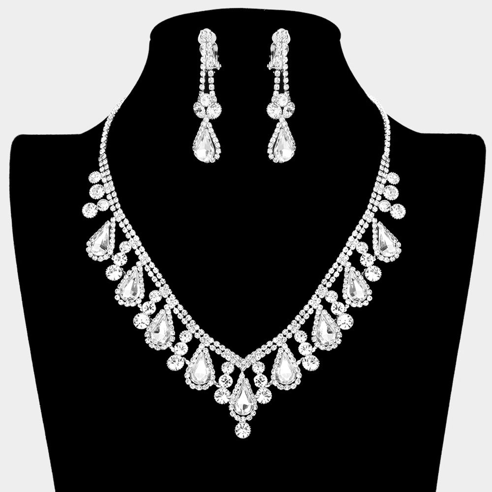 Elegant Clear Teardrop Rhinestone Necklace Set with Clip-On Earrings | Prom Jewelry for Women | 418992 | Perfect for Prom, Wedding, and Evening Parties