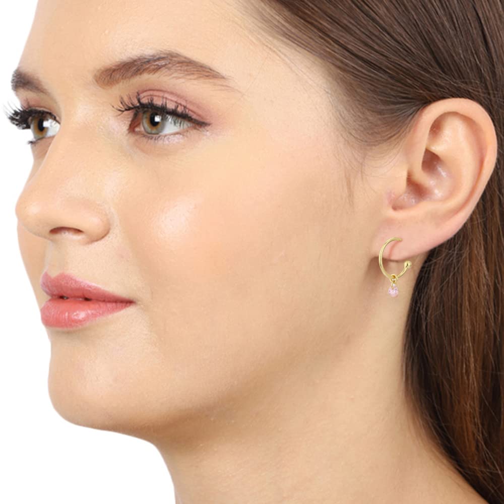 Vanbelle Sterling Silver Half Hoop Earrings with Dangling Pink Cubic Zirconia & Gold Plating - Elegant Dangle Earrings for Women & Girls | Perfect for Parties, Weddings & Everyday Wear