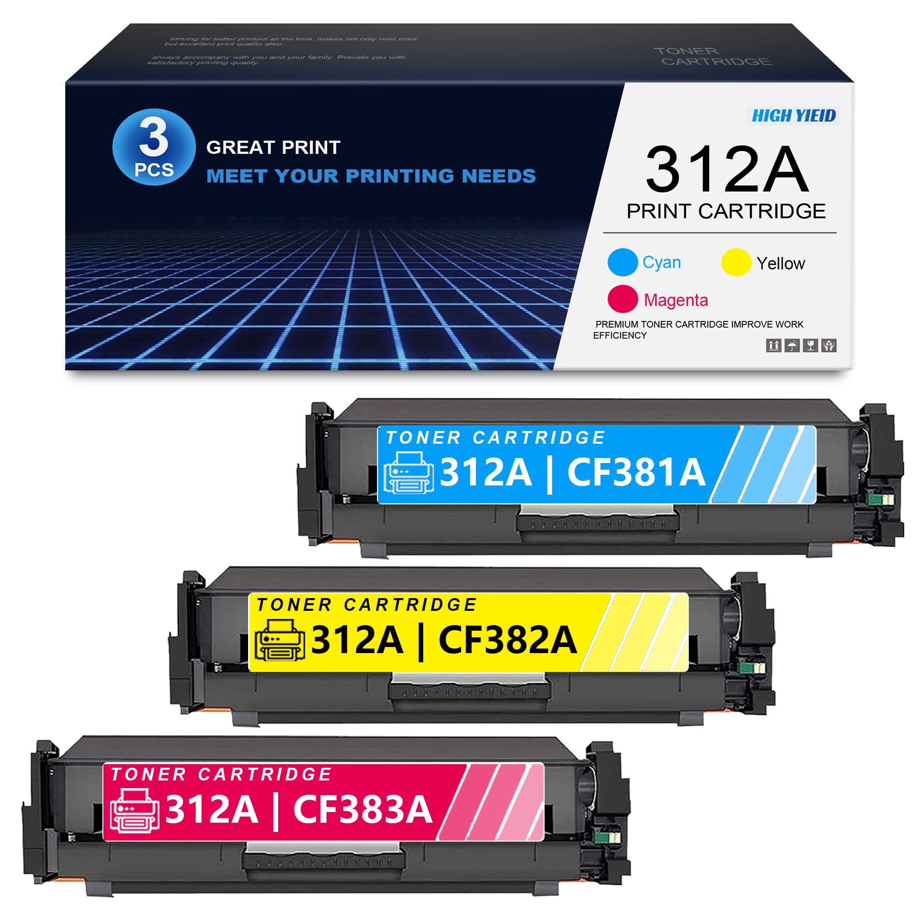3-Pack HP CF381A/CF383A/CF382A Toner Cartridges - Compatible for M476 Series Printers - Home & Office Use