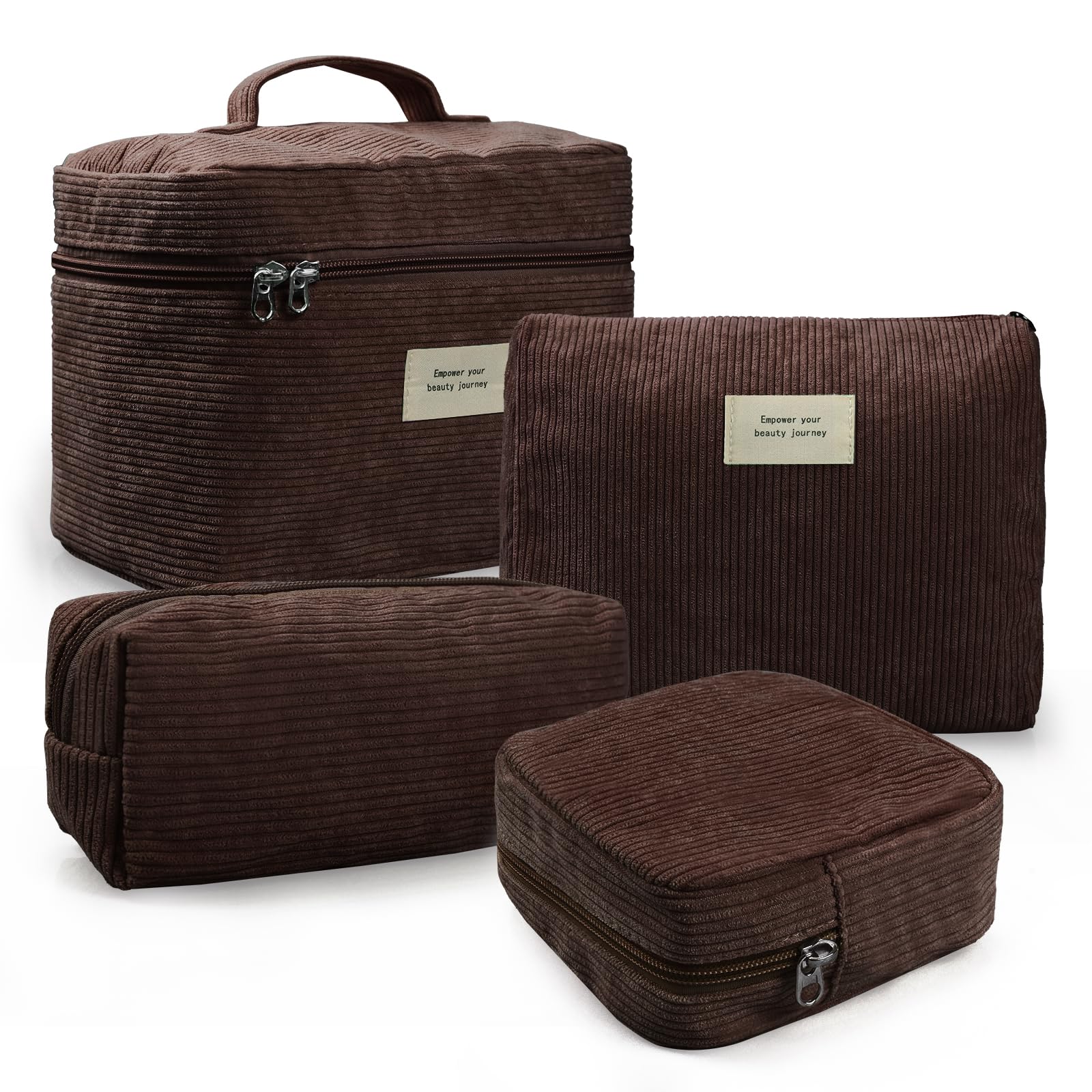 4 Pack Corduroy Makeup Bags for Women - Aesthetic Cute Cosmetic Organizer Set with Zipper, Multi-Size Travel Toiletry Pouches (Khaki) | Perfect for Travel, Gym & Daily Beauty Essentials Storage