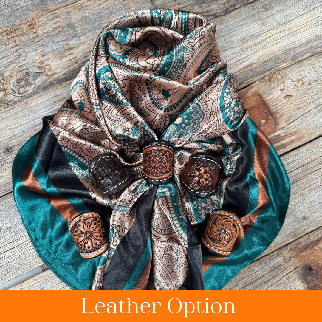35X35 Emerald and Tan Paisley Wild Rag Scarf WR1004 with Tooled Leather Slides - Western Cowboy Style for Horse Riding, Rodeo & Outdoor Adventures