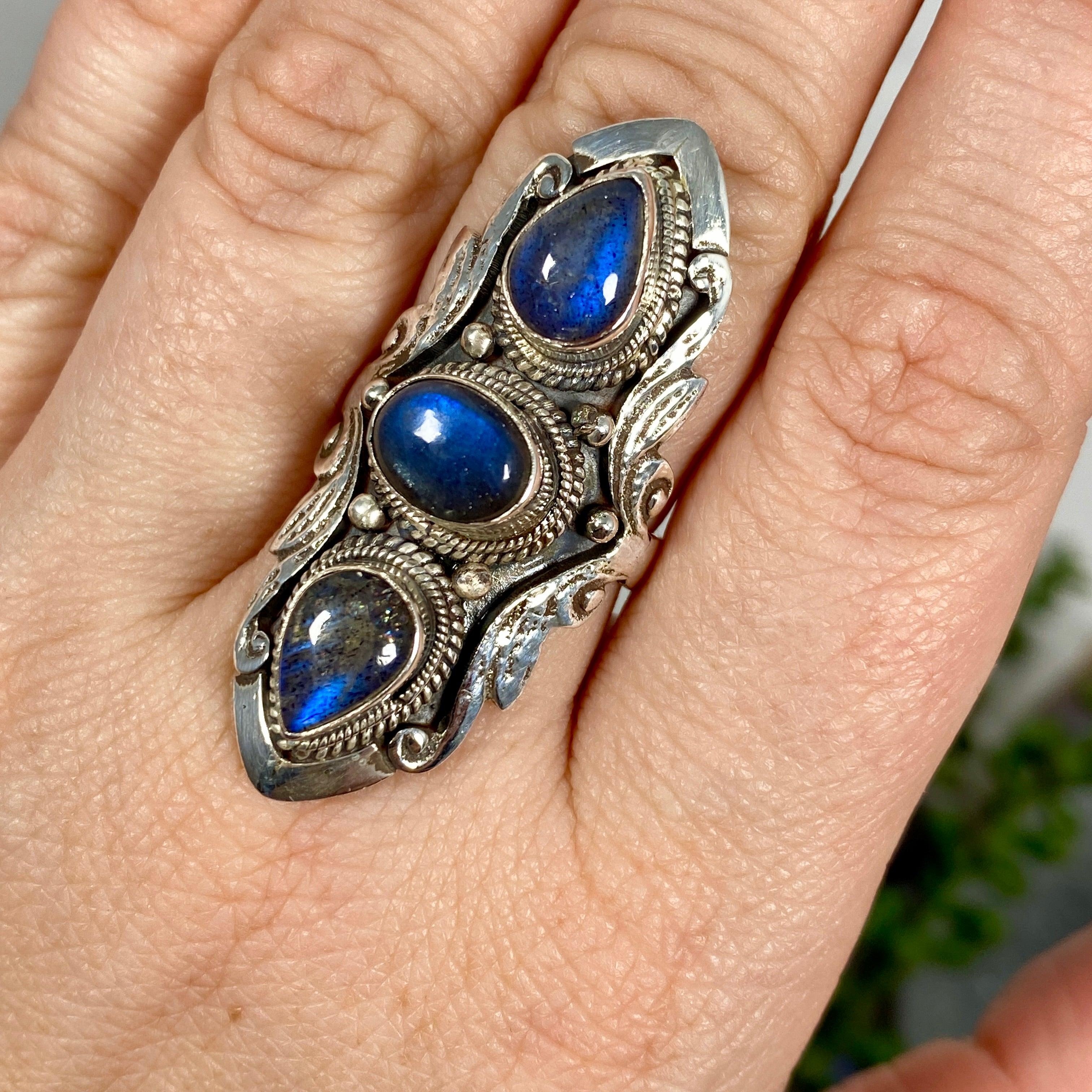 Boho Style Labradorite Multi-Stone Ring Size 7.5 - Handmade Sterling Silver Adjustable Statement Jewelry for Women, Perfect for Festivals, Weddings & Boho Fashion