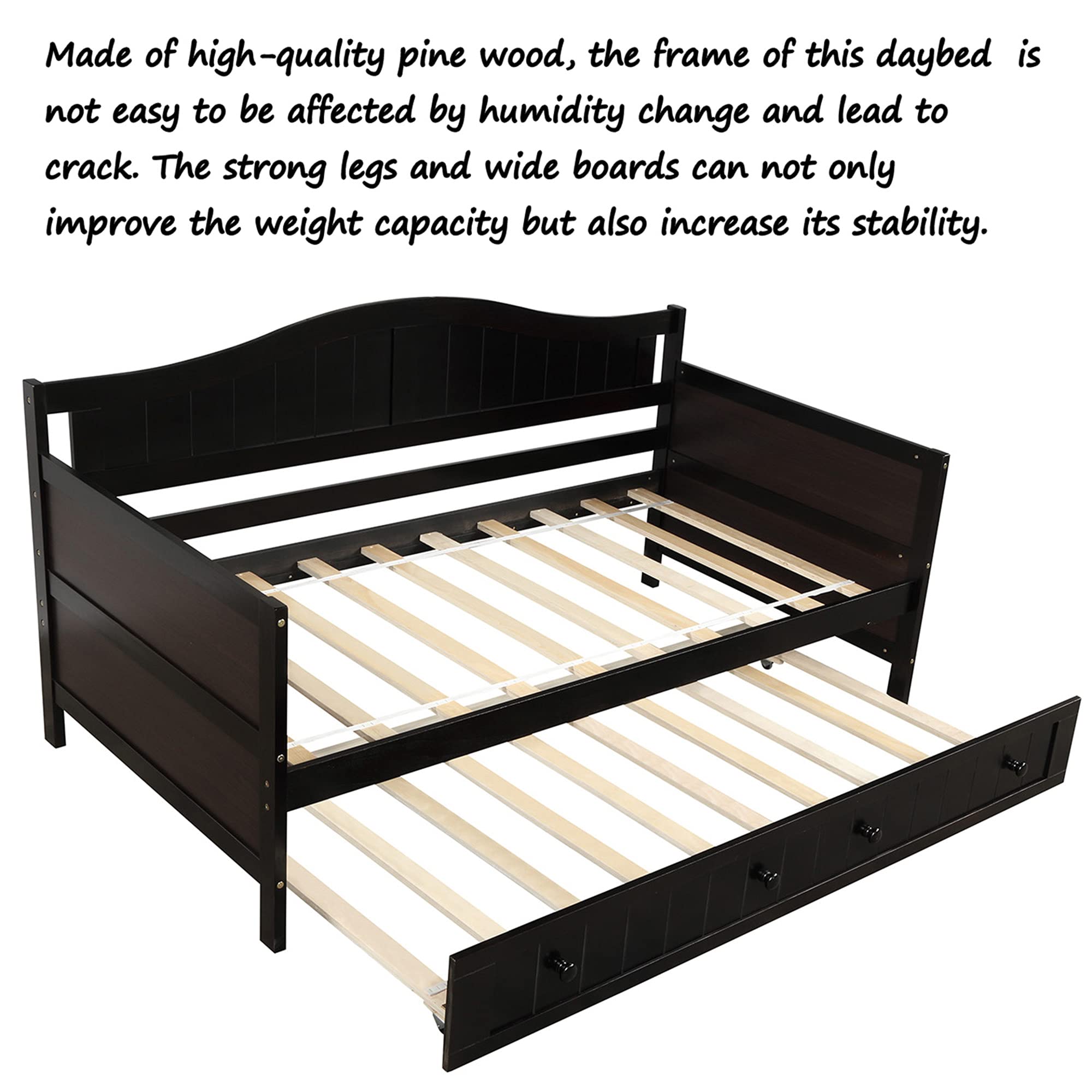 P PURLOVE Wood Twin Daybed with Trundle - Convertible Sofa Bed Frame for Bedroom & Living Room - Espresso Finish - Perfect for Guest Rooms, Small Spaces & Multi-Functional Furniture Needs