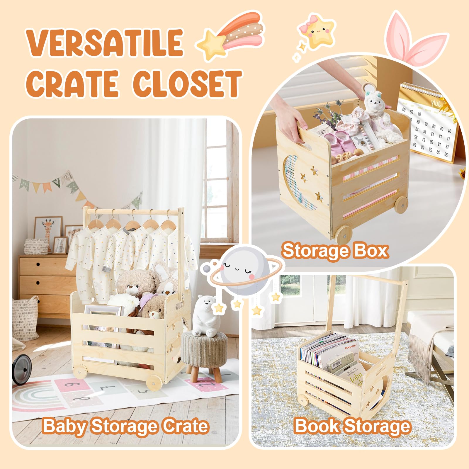 Personalized Wooden Baby Shower Crate with Wheels & Ergonomic Handle - Pushable Baby Gift Basket for Newborn Boys & Girls - Nursery Storage Organizer (28