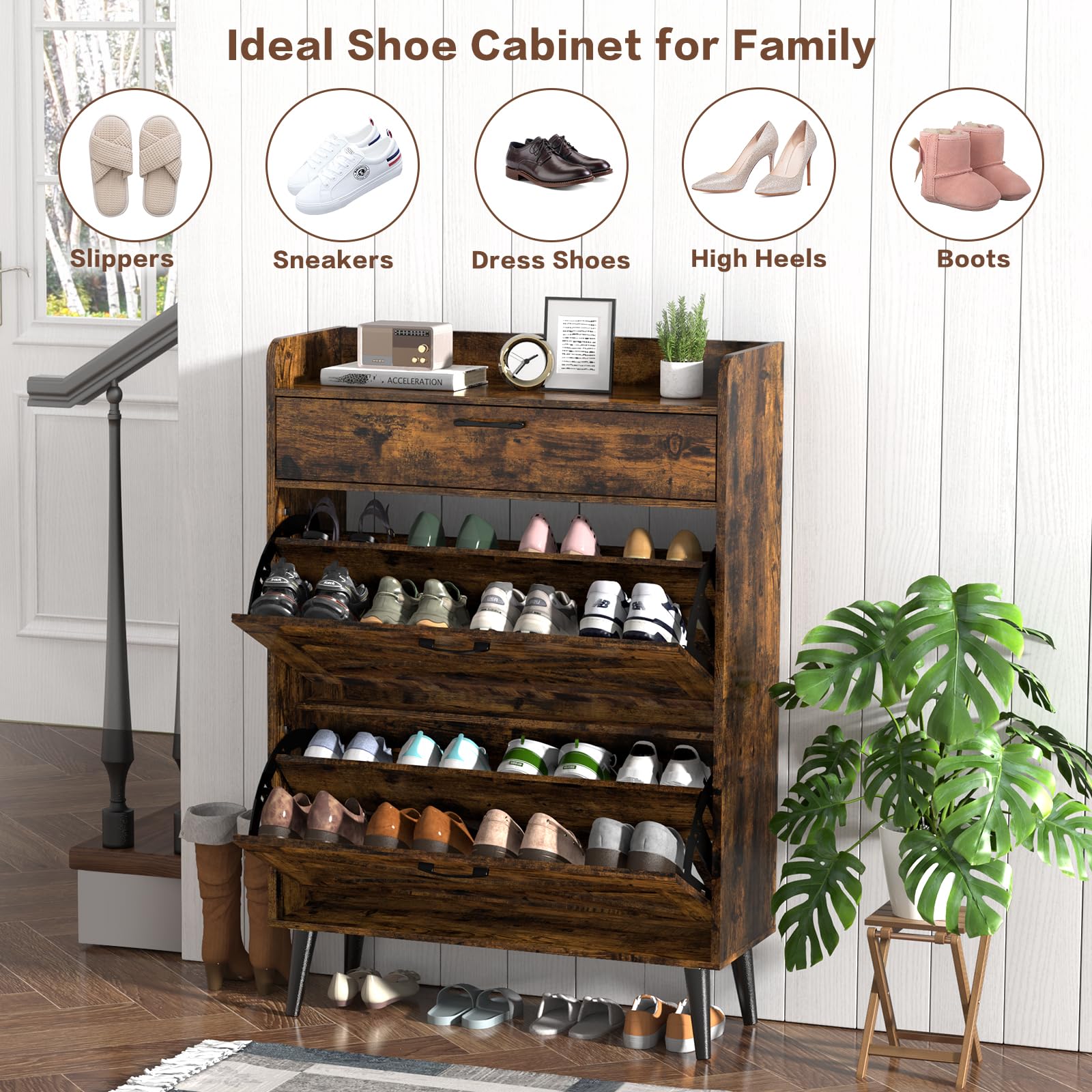 EasyCom 12-Pair Shoe Storage Cabinet with 2 Flip Drawers & Top Compartment - Freestanding Entryway Shoe Organizer with Metal Legs, Rustic Brown - Perfect for Small Spaces, Closet Organization & Entryway Storage