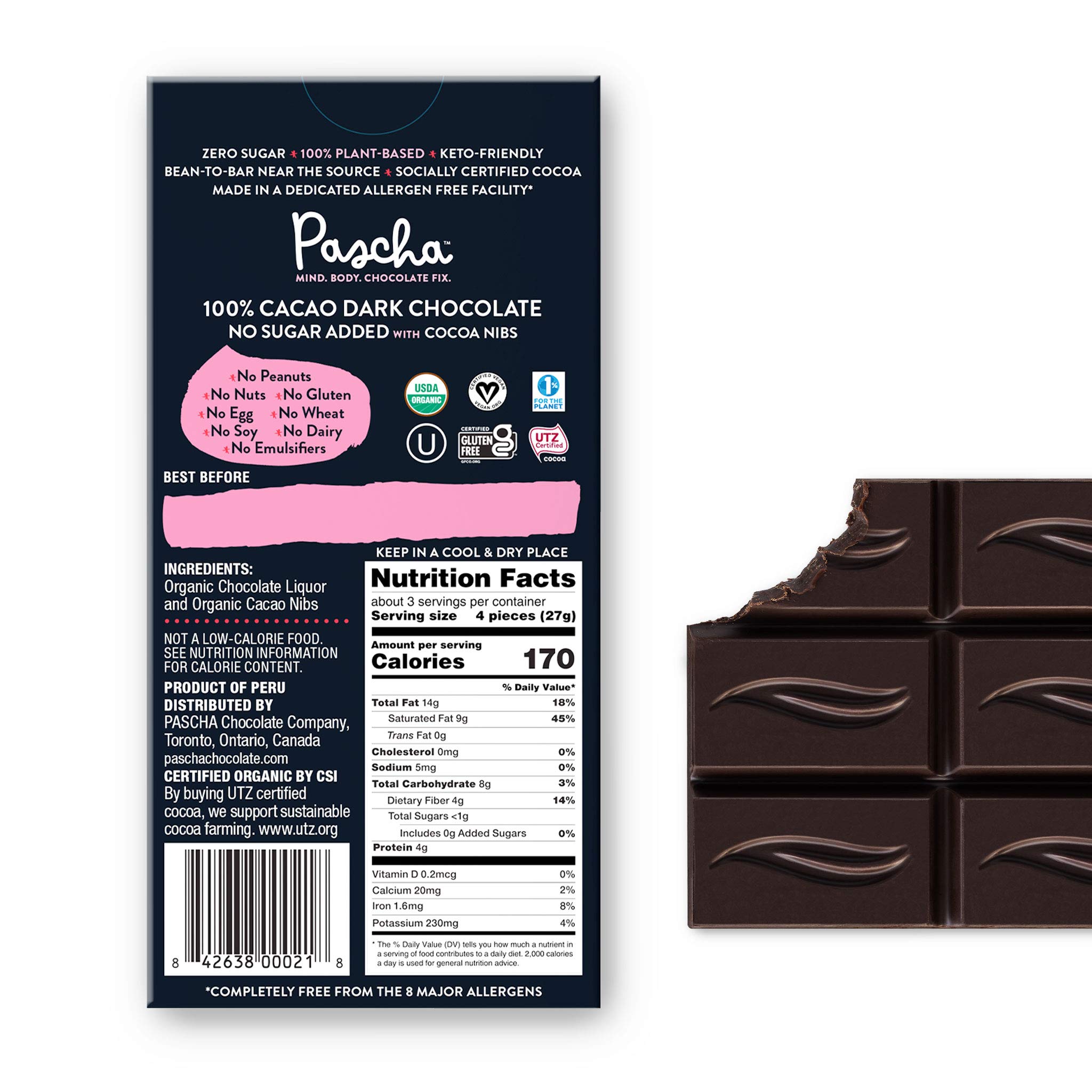 Organic No Added Sugar 100% Cacao Chocolate Bars with Cocoa Nibs - UTZ Certified, Gluten Free, Non-GMO, 5-Pack - Perfect for Baking, Snacking & Healthy Desserts