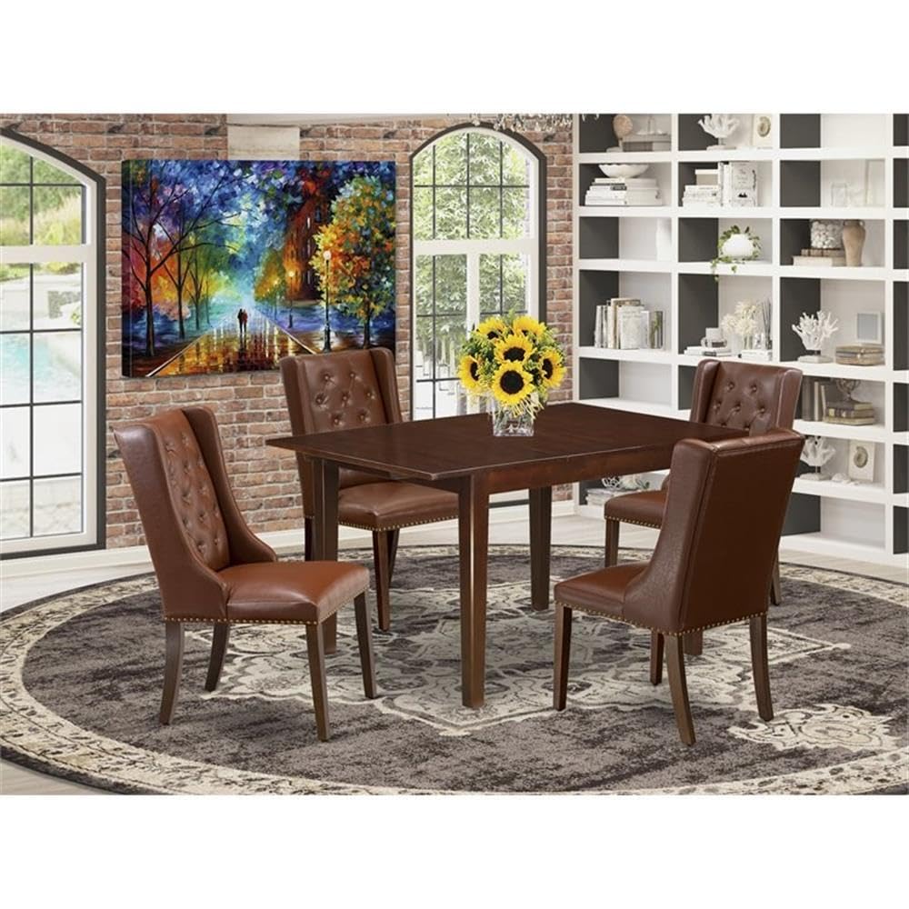 East West Furniture 5-Piece Dining Room Set - 36x54 Inch Mahogany Table with Butterfly Leaf & 4 Brown Faux Leather Chairs | Kitchen & Dining Room Furniture for Family Gatherings & Entertaining