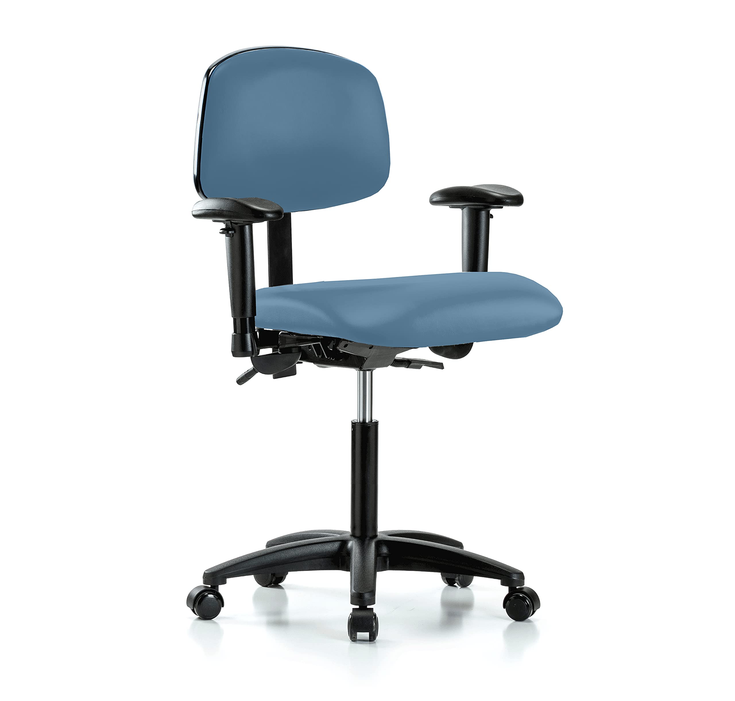 Perch Rolling Multi-Task Swivel Chair for Hardwood & Tile Floors - Workbench Height Adjustable Stool with Colonial Blue Vinyl Upholstery - Ideal for Workshops, Garages & Home Offices