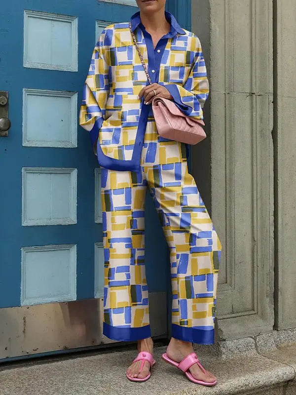 Women's Vintage Printed Loose Two-Piece Set - Long Sleeve Shirt & Wide Leg Pants for Autumn | Fashion Streetwear Outfit for Casual Wear, Office, and Date Nights