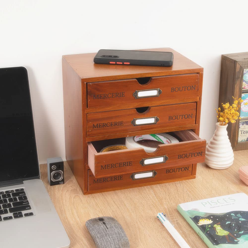 Rustic Wooden Storage Box with 4-Tier Drawers & Labels - Desktop Organizer, Office Desk Accessories Shelf, A6 Clipboard Holder, Small Craft Storage, Apothecary Cabinet & Jewelry Chest for Women | Perfect for Home Office, Craft Room & Bedroom Organization