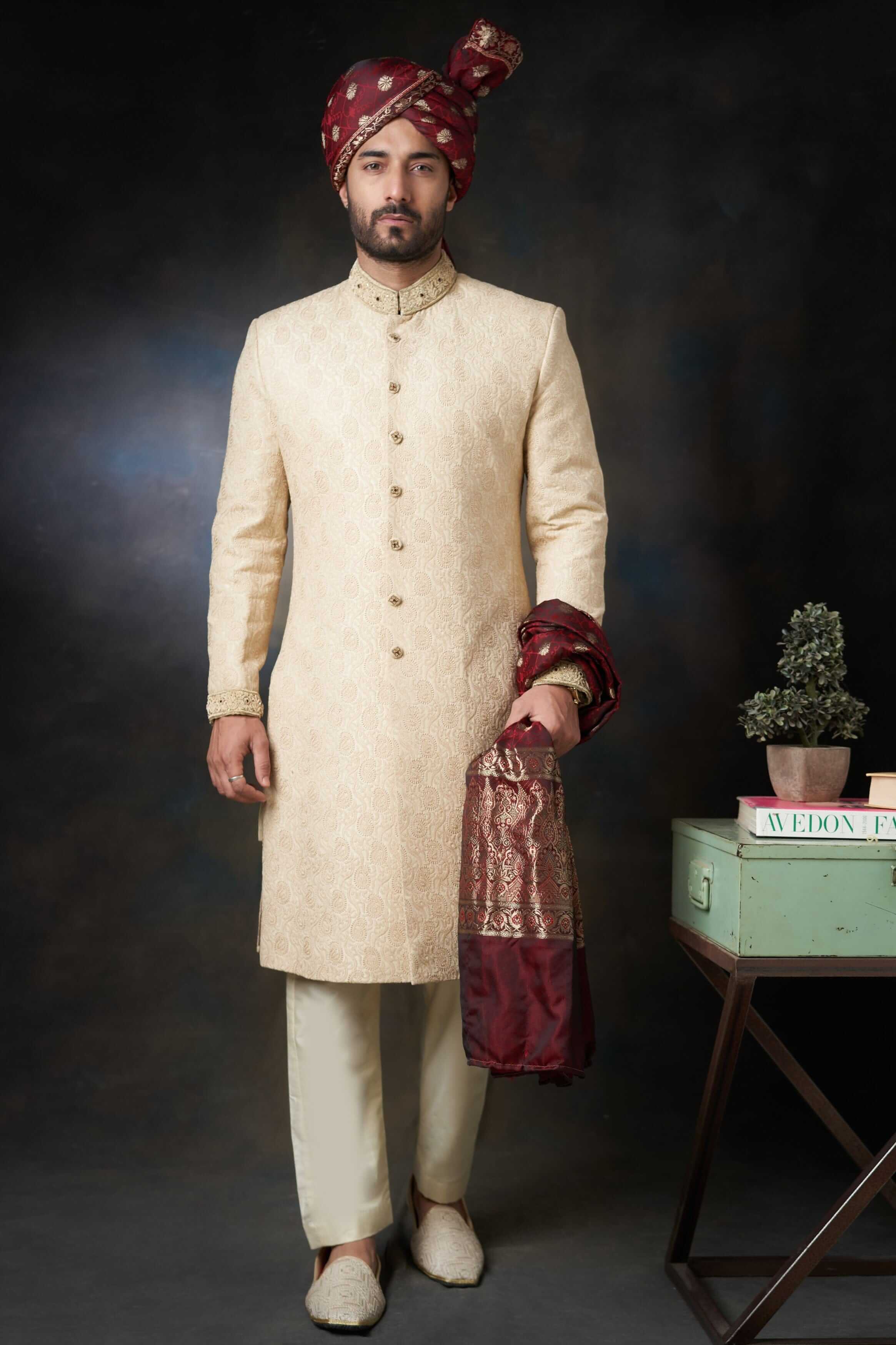 Luxury Gold Paisley Raw Silk Sherwani for Men with Velvet Shawl & Zardozi Embroidery | Indian Wedding Attire | Groom Outfit | Ethnic Party Wear