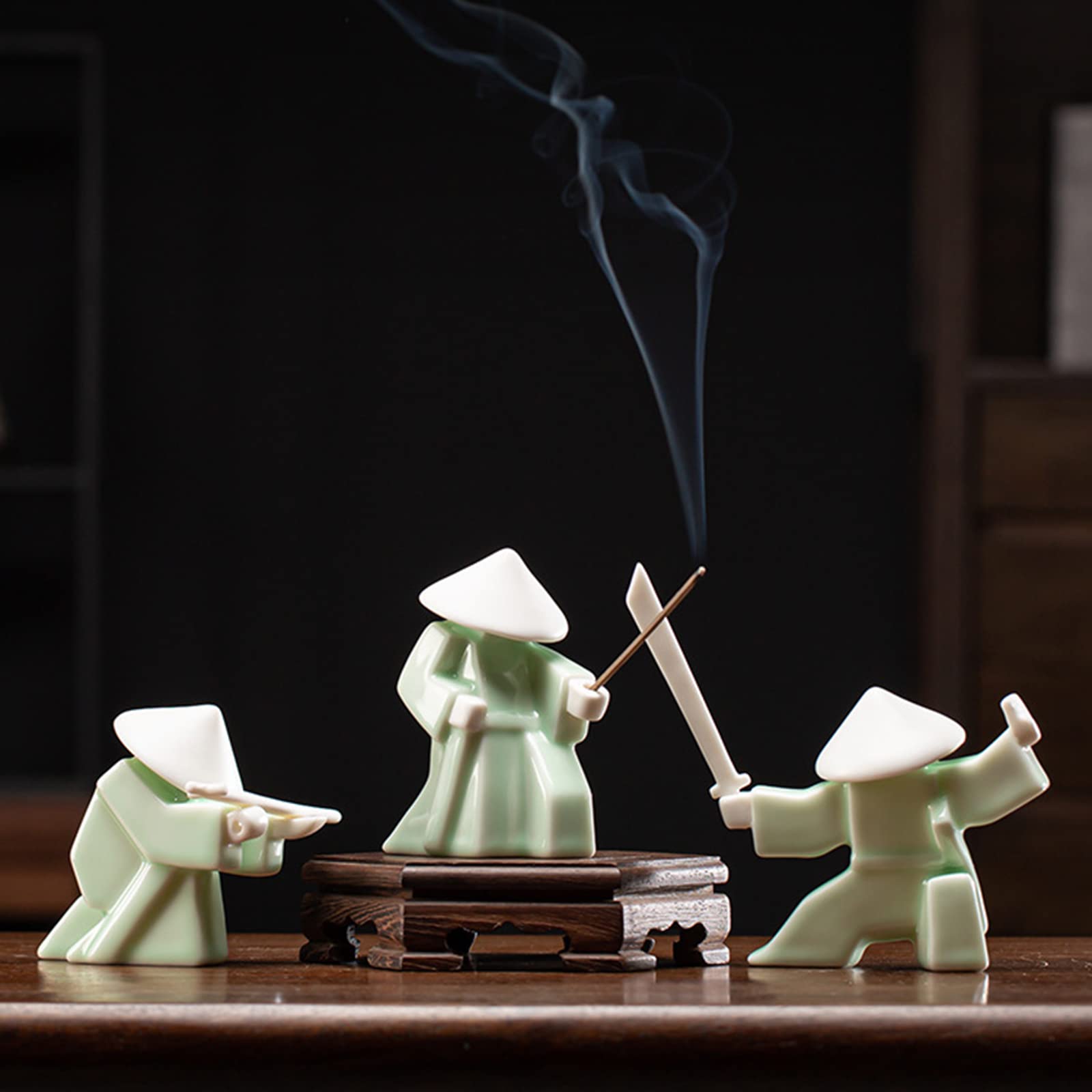 Handmade Samurai Knight Ceramic Incense Holder - Green Aromatherapy Stick Burner for Meditation, Yoga & Home Decor - Desktop Zen Sculpture for Office, Living Room & Gift Giving