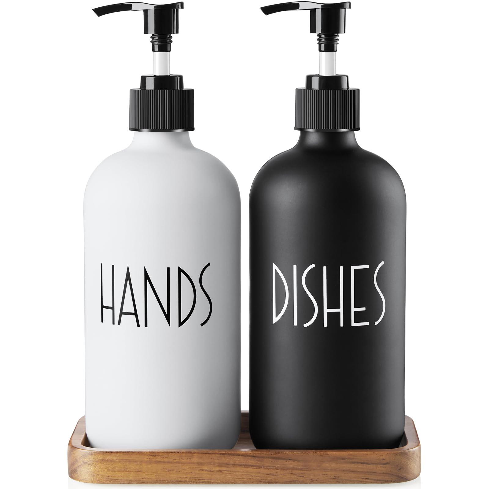 ALELION 16oz Glass Soap Dispenser with Acacia Wood Tray - Modern Farmhouse Kitchen & Bathroom Hand Soap Pump - Black & White Home Decor for Sink Countertop - Perfect for Kitchen, Bath, Laundry Room & Guest Washroom