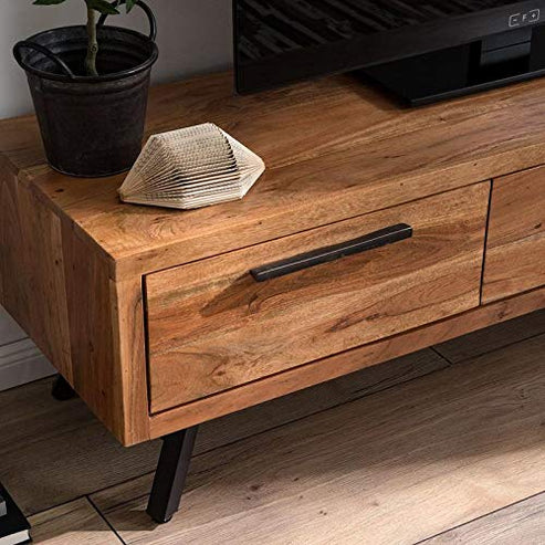 Gfine Solid Acacia Wood TV Stand with 2 Drawers - 160x40x60Cm Modern Entertainment Center for Living Room & Home Theater