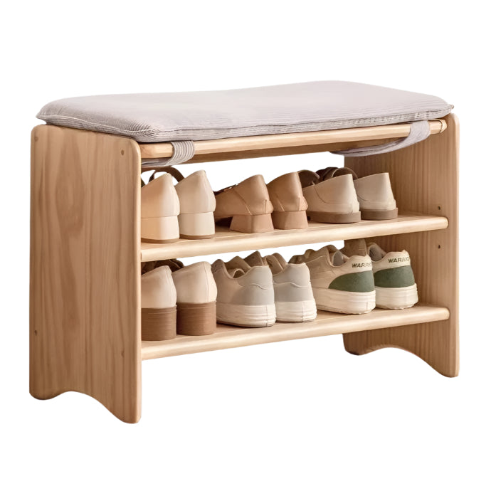 Solid Pine Wood Shoe Bench - 3-Tier Rustic Entryway Shoe Rack with Storage Shelf | Perfect for Mudroom, Hallway & Closet Organization (Natural Wood Finish)