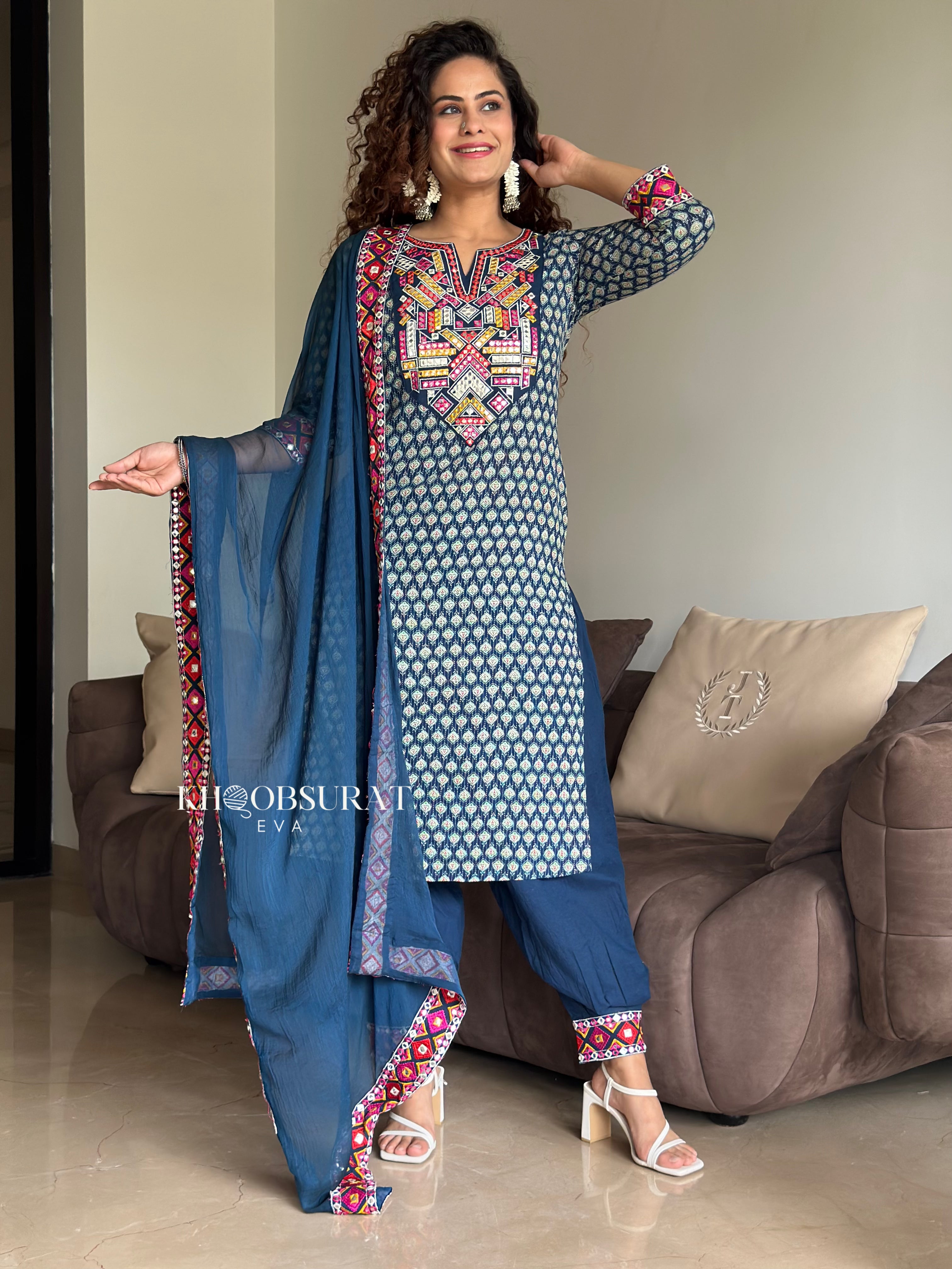 Radha Blue Kurta with Afghani Salwar - Traditional Indian Ethnic Wear for Women | Perfect for Festivals, Weddings & Cultural Events