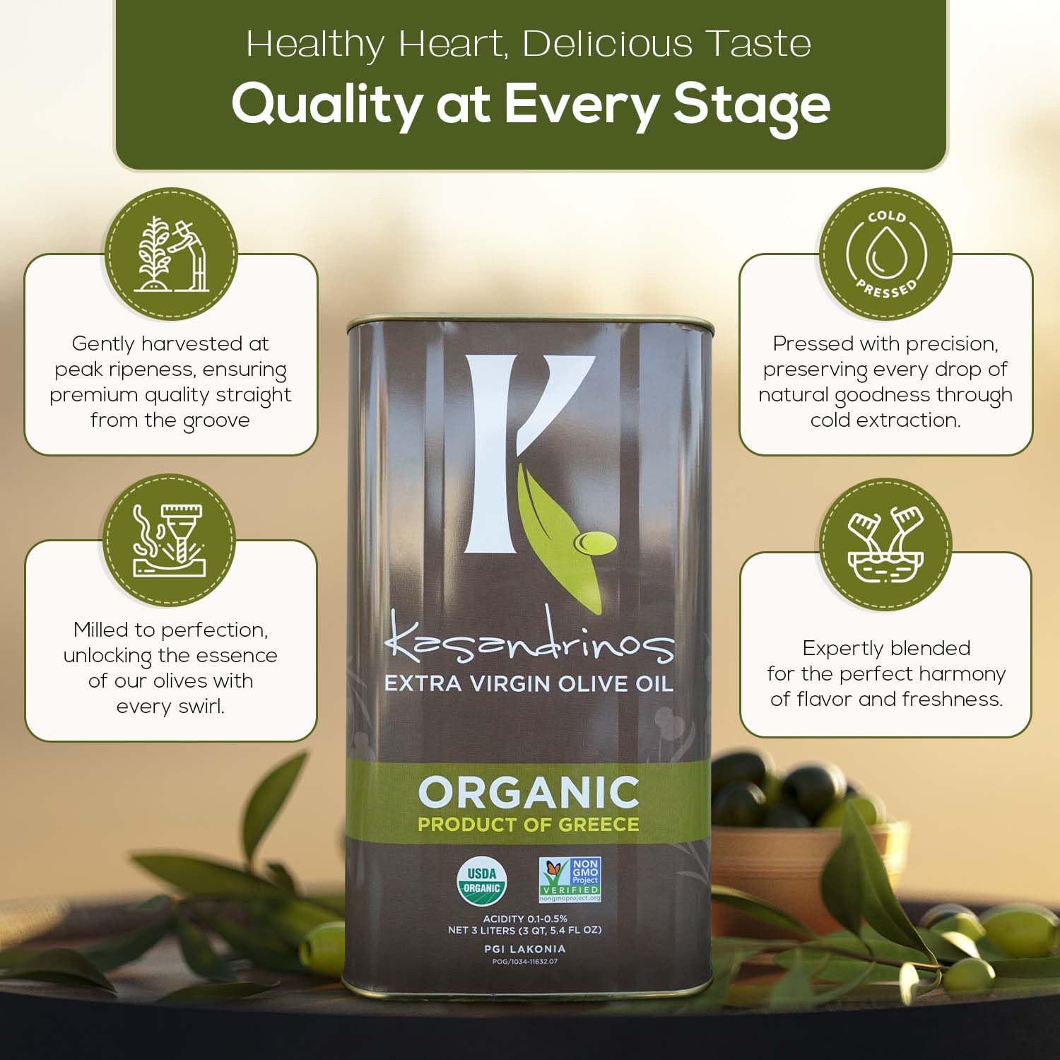 Kasandrinos Organic Extra Virgin Greek Olive Oil - 3 Liter (Pack of 2) | Cold Pressed, Unfiltered | Perfect for Cooking, Salad Dressing & Healthy Recipes