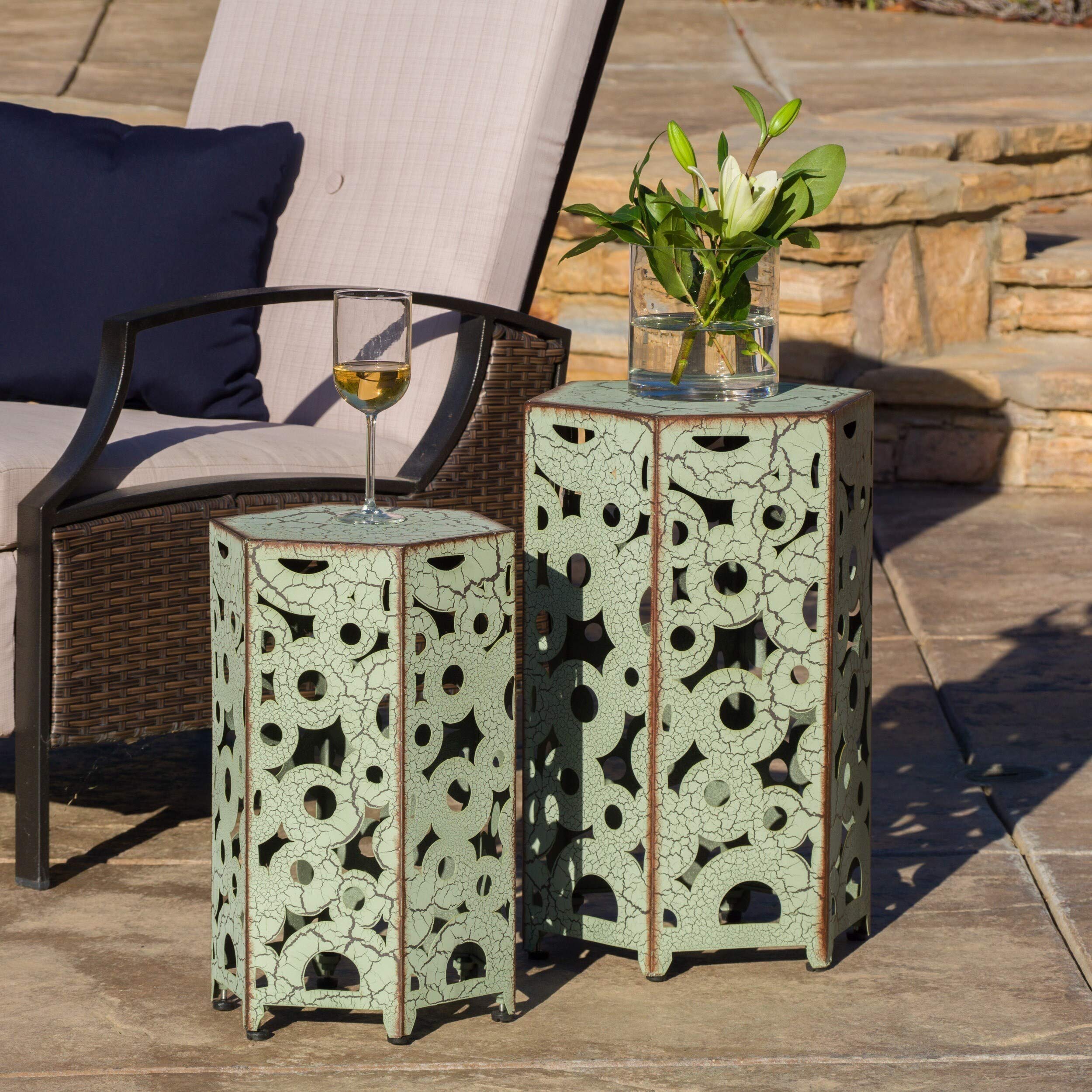 2-Pack Crackle Green Iron Hexagon Side Tables with Circle Cut-Out Design - Outdoor Patio Furniture Set, Antique Style Chairside End Tables for Garden, Poolside & Living Room Decor
