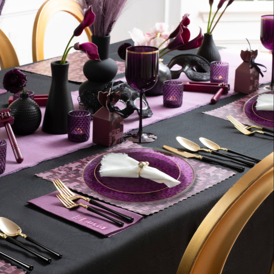 Purple and Gold Disposable Plastic Party Tableware Set - Organic Hammered Design (30-Piece) for Wedding, Birthday, Anniversary Celebrations & Special Events
