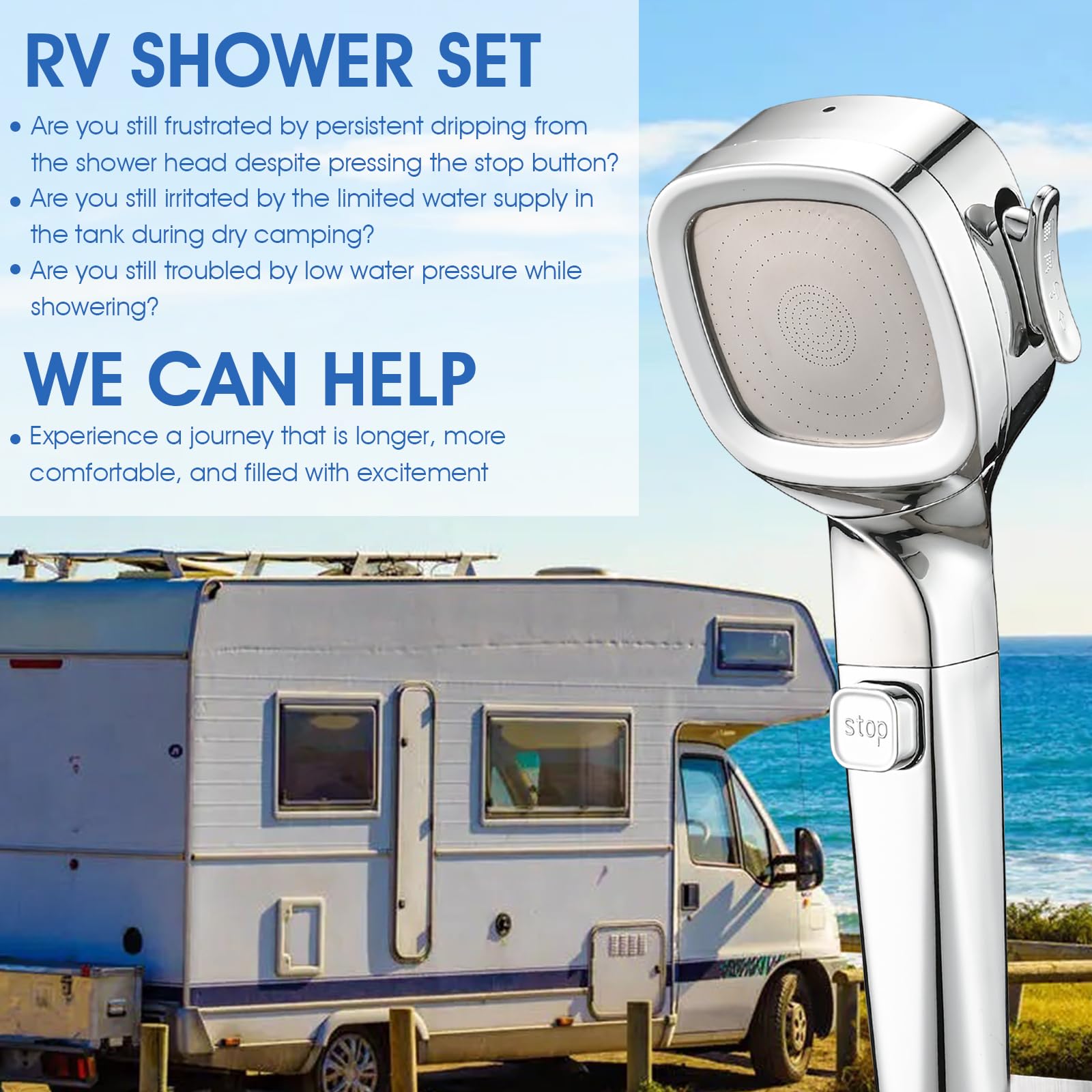 High Pressure RV Shower Head with 60 Inch Hose & On/Off Switch - 4 Settings Water-Saving Camper Shower Head Replacement - Chrome Finish for Travel Trailers & Motorhomes - Perfect for Off-Grid Camping & Boondocking