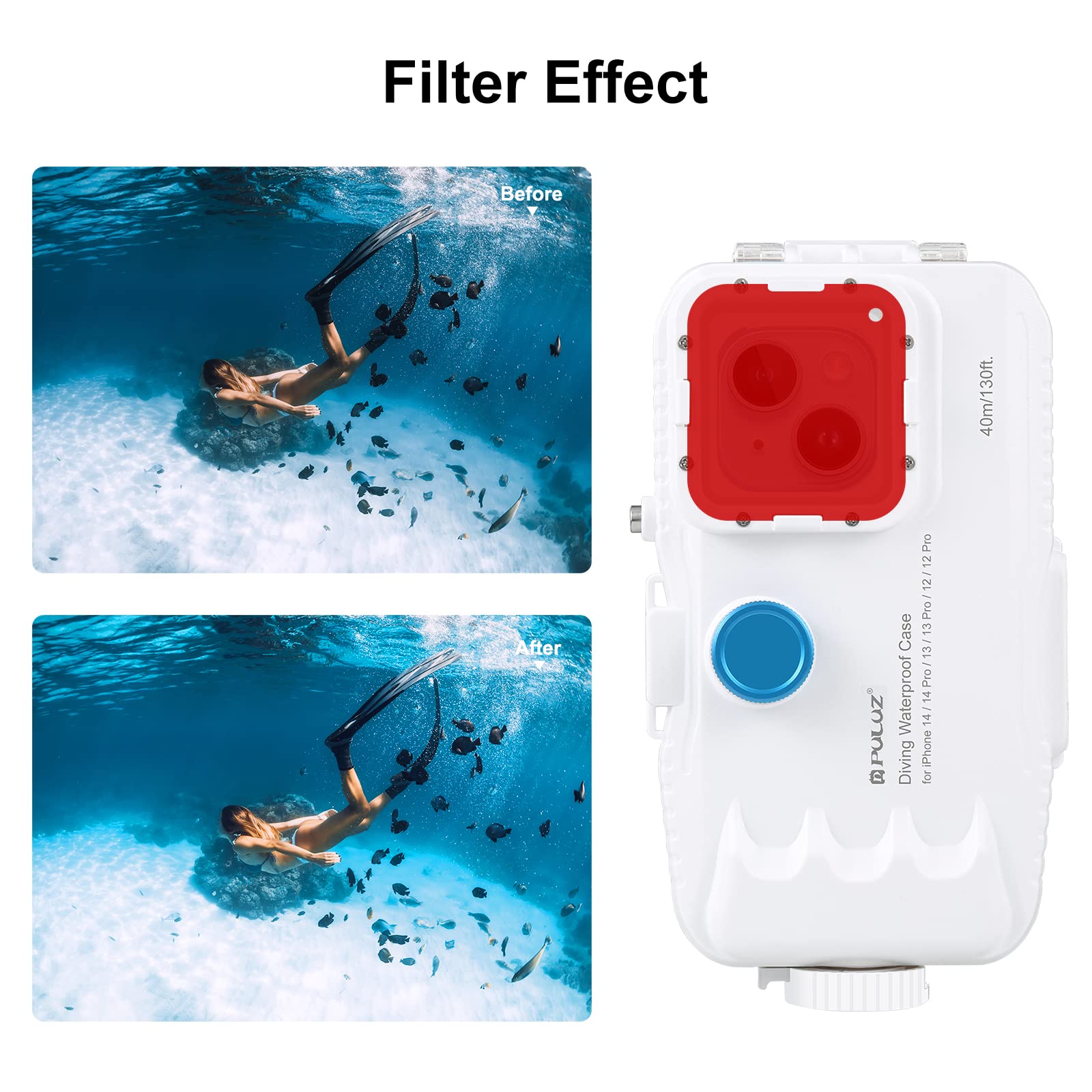 PULUZ 40m/131ft Waterproof Diving Case for iPhone 14/14 Pro/13/13 Pro/12/12 Pro - Professional Underwater Photography Housing with One-Way Valve for Snorkeling, Scuba Diving & Beach Vacations (White)