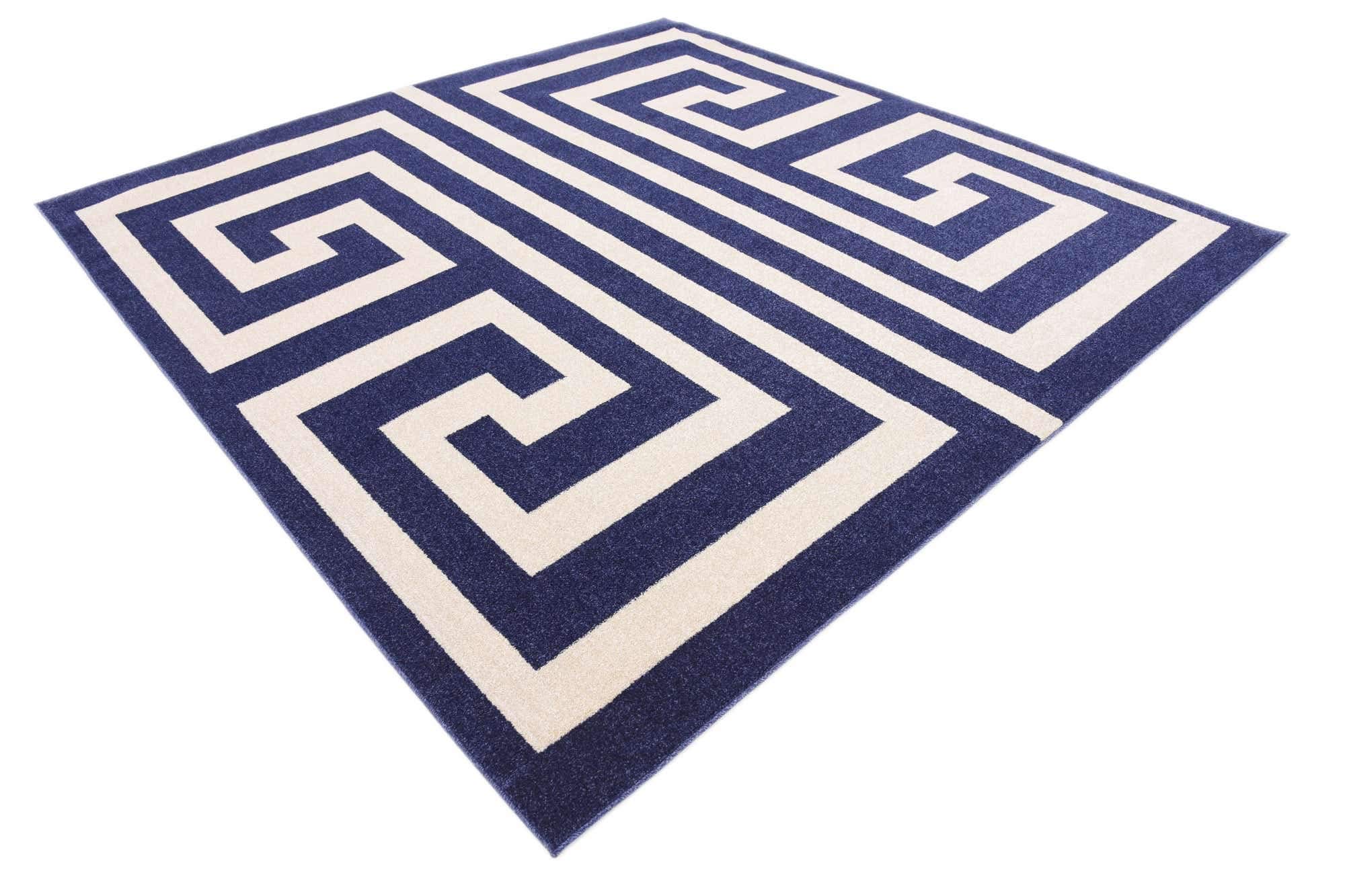 Unique Loom Athens Collection 8x8 ft Navy Blue/Beige Geometric Modern Border Area Rug - Perfect for Living Room, Bedroom & Office Decor