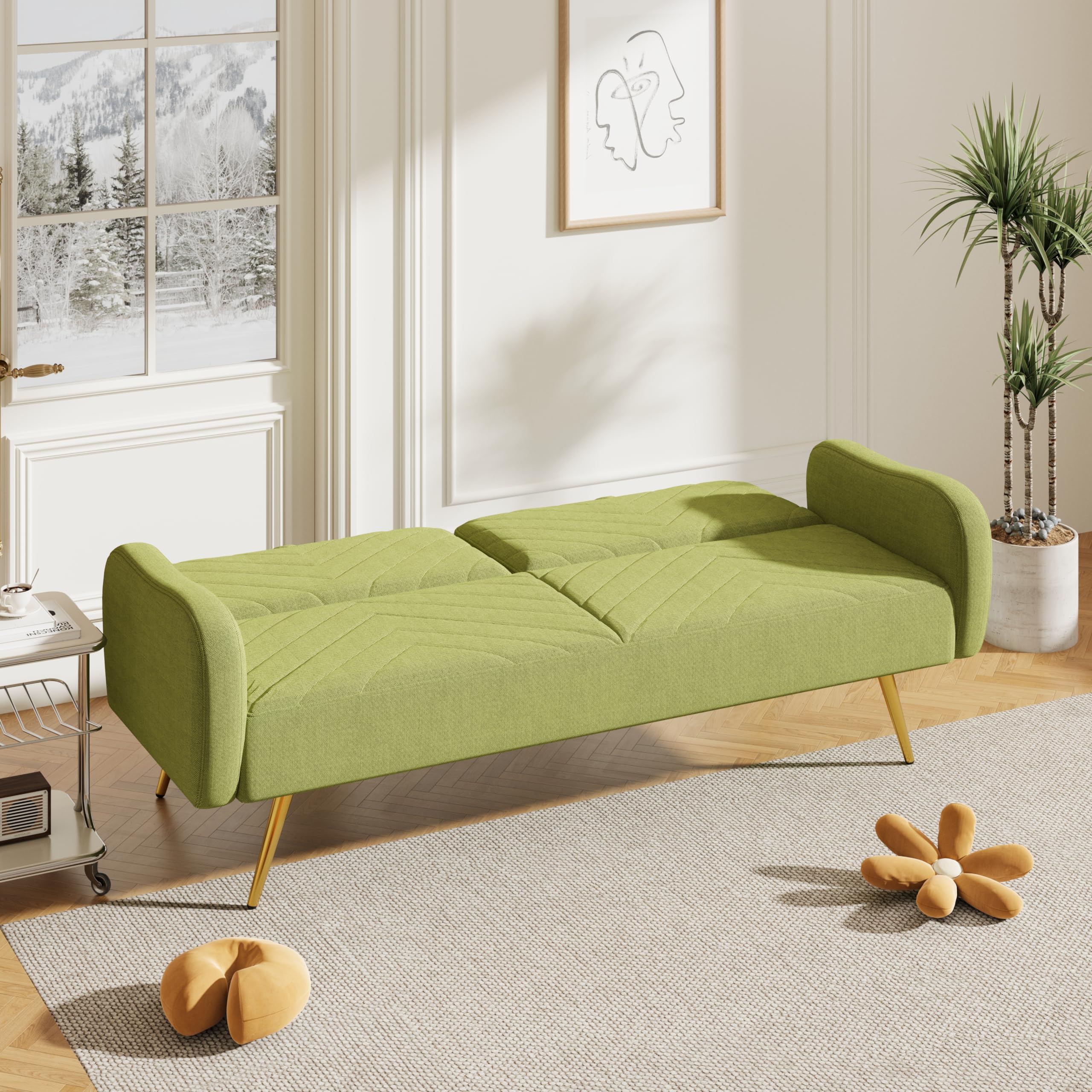 P PURLOVE Modern Convertible Sofa Bed with Adjustable Backrest & Armrests - 2 Throw Pillows Included - Upholstered Sleeper Sofa for Living Room, Bedroom, Office (Green) - Perfect for Small Spaces, Guest Rooms & Studio Apartments