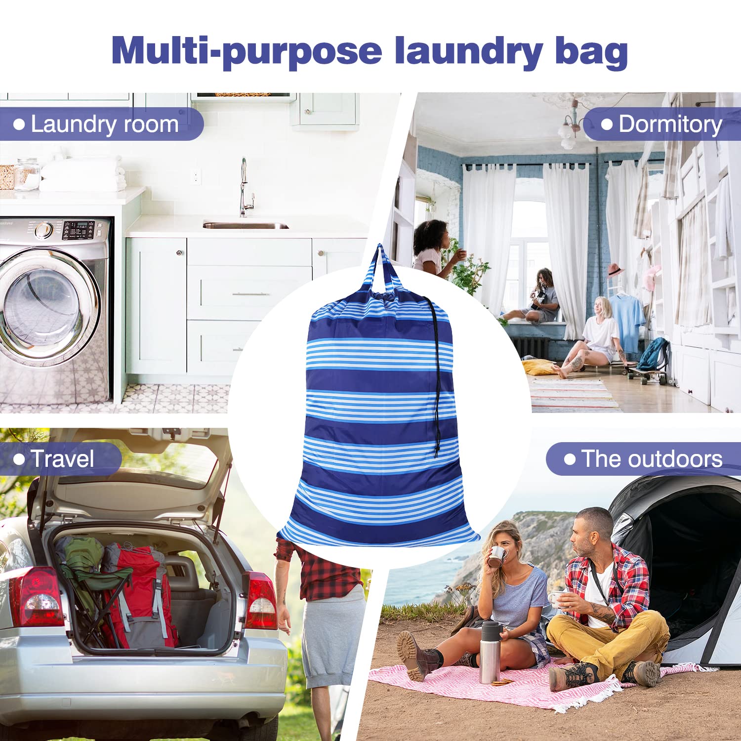 Extra Large Heavy Duty Laundry Bag with Handles & Drawstring Closure - 2 Pack Blue - Durable Wash Bags for Laundry Room, College Dorm, Travel & Outdoor Camping - Space Saving Storage Solution for Clothes, Blankets & Sports Gear