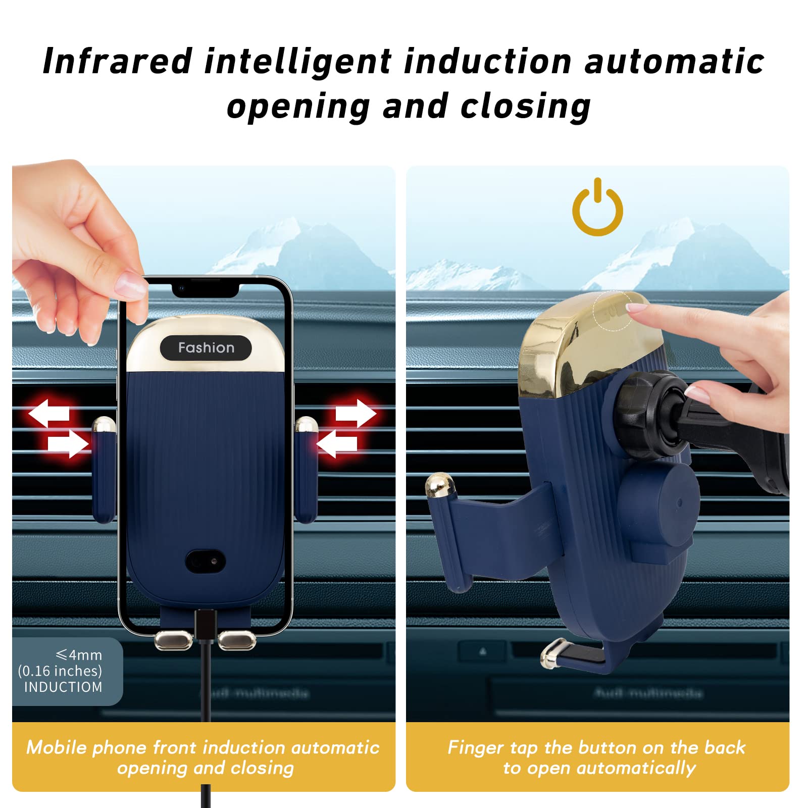 15W Qi Fast Wireless Car Charger Mount - Auto Clamping Phone Holder with Smart Sensor for iPhone 13/12/11/XS/XR/8 & Samsung S22/S21/S20/Note 20 - Air Vent Mount - Perfect for Commuting & Road Trips (Blue)
