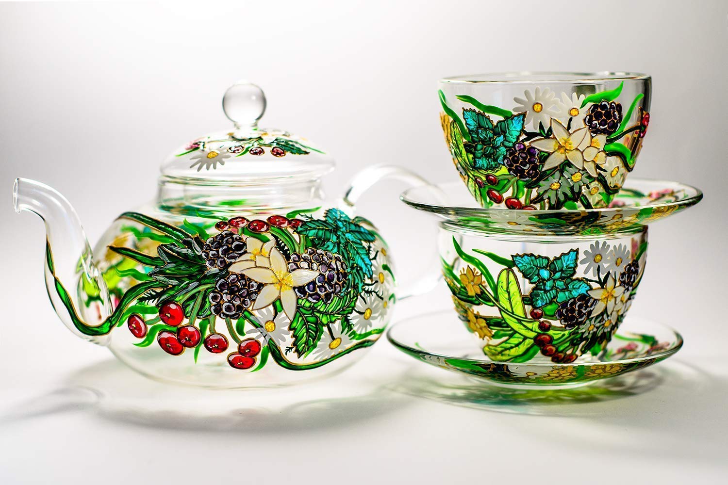 Personalized Glass Teapot Set with Removable Infuser & Cups - Hand-Painted Floral Design - Custom Gift for Mother's Day, Birthday & Tea Lovers - Perfect for Afternoon Tea, Home Decor & Special Occasions