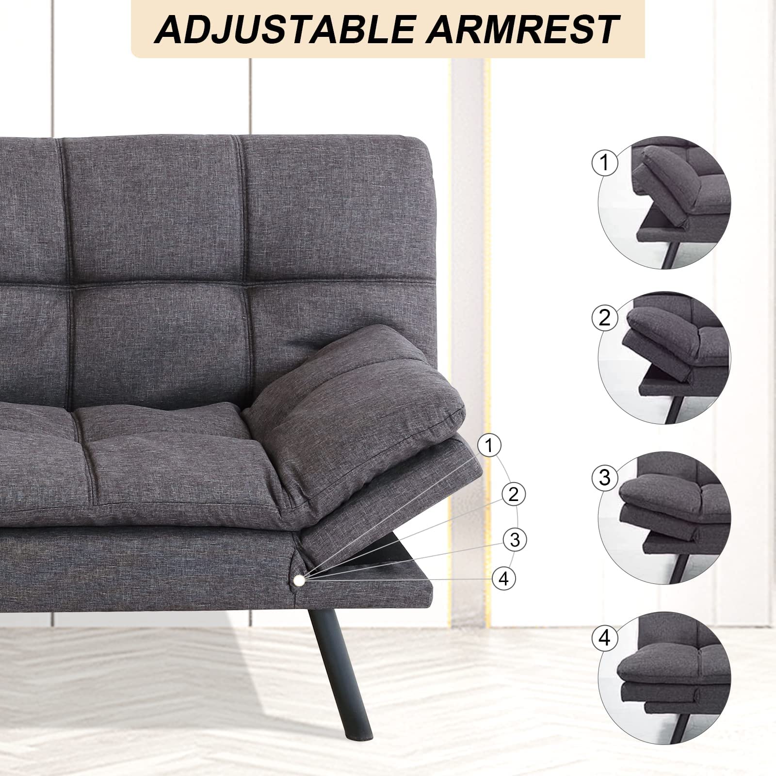 Opoiar Convertible Memory Foam Sleeper Sofa Bed - Adjustable Modern Loveseat & Futon Set for Small Spaces - Grey Sofabed for Compact Living Rooms, Apartments, Dorms & Guest Rooms | Perfect for Studio Apartments, Home Offices & Cozy Movie Nights
