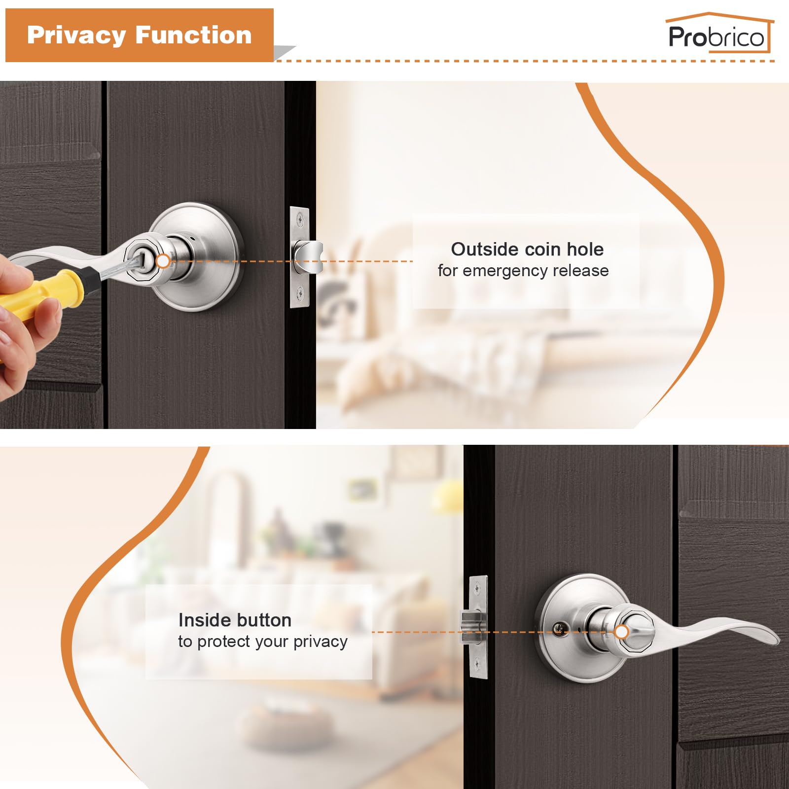 Probrico 10-Pack Satin Nickel Wave Style Privacy Door Levers - Bedroom & Bathroom Door Handles with Lock - Durable Interior Door Hardware for Homes, Hotels, and Offices