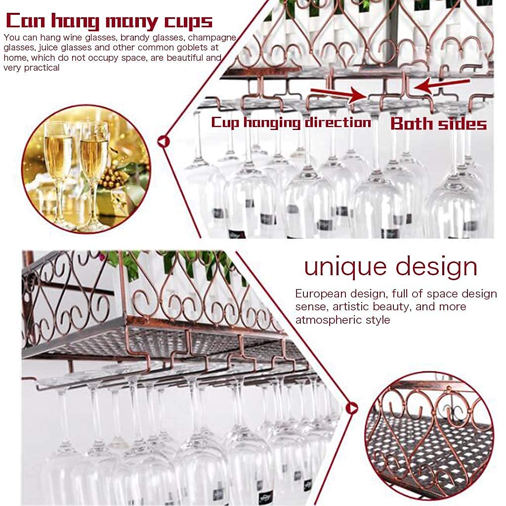 Wall Mounted Iron Wine Rack - Adjustable Double Layer Storage Shelf for Wine Bottles & Upside Down Glasses (30x25cm, Black) - Perfect for Home Bars, Kitchens & Restaurants