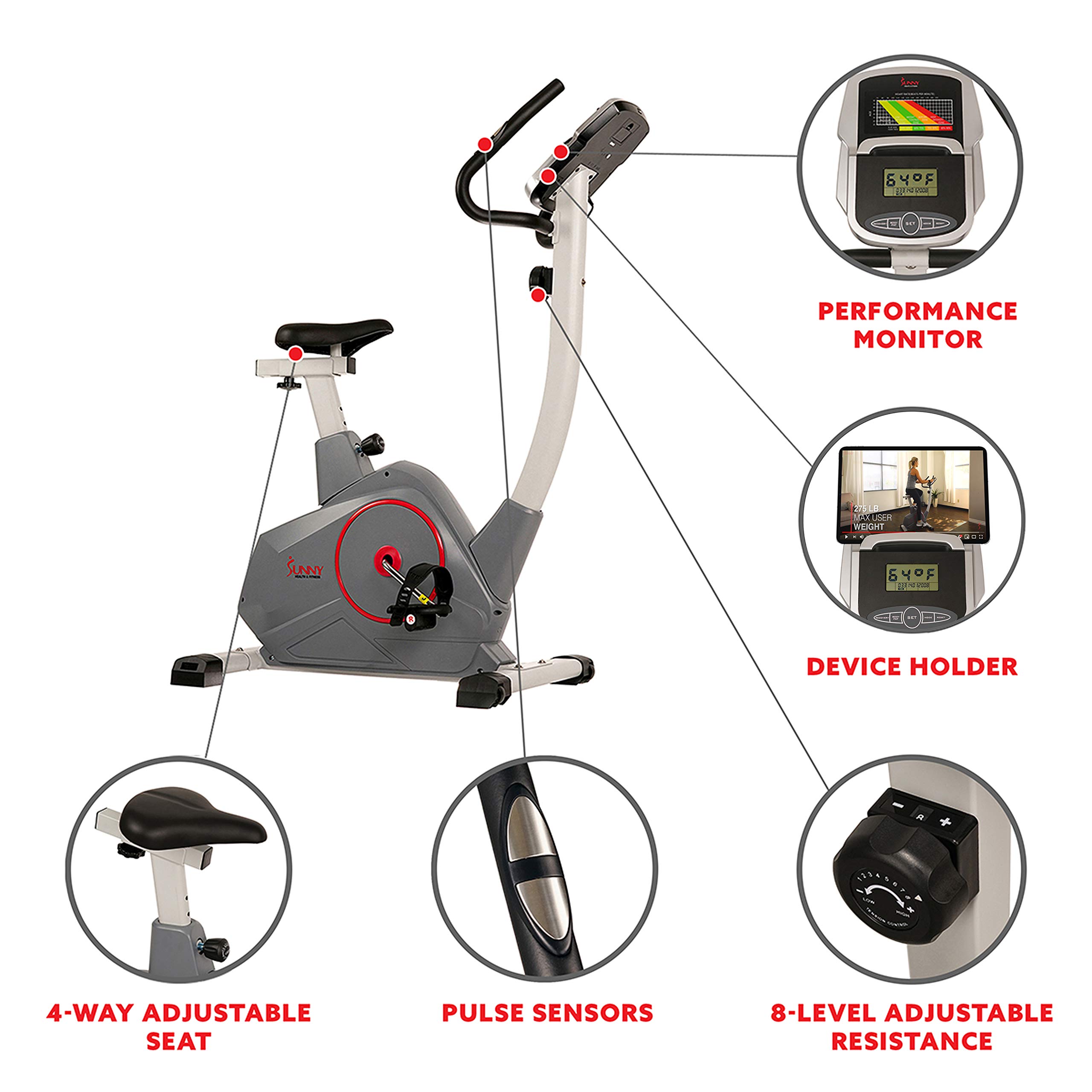 Sunny Health & Fitness Stationary Exercise Bike with Pulse Sensor, 4-Way Adjustable Seat & Bluetooth Connectivity - Home Cardio Workout Machine with Optional Resistance Bands & Free SunnyFit App - Perfect for Indoor Cycling, Weight Loss & Home Gym Training