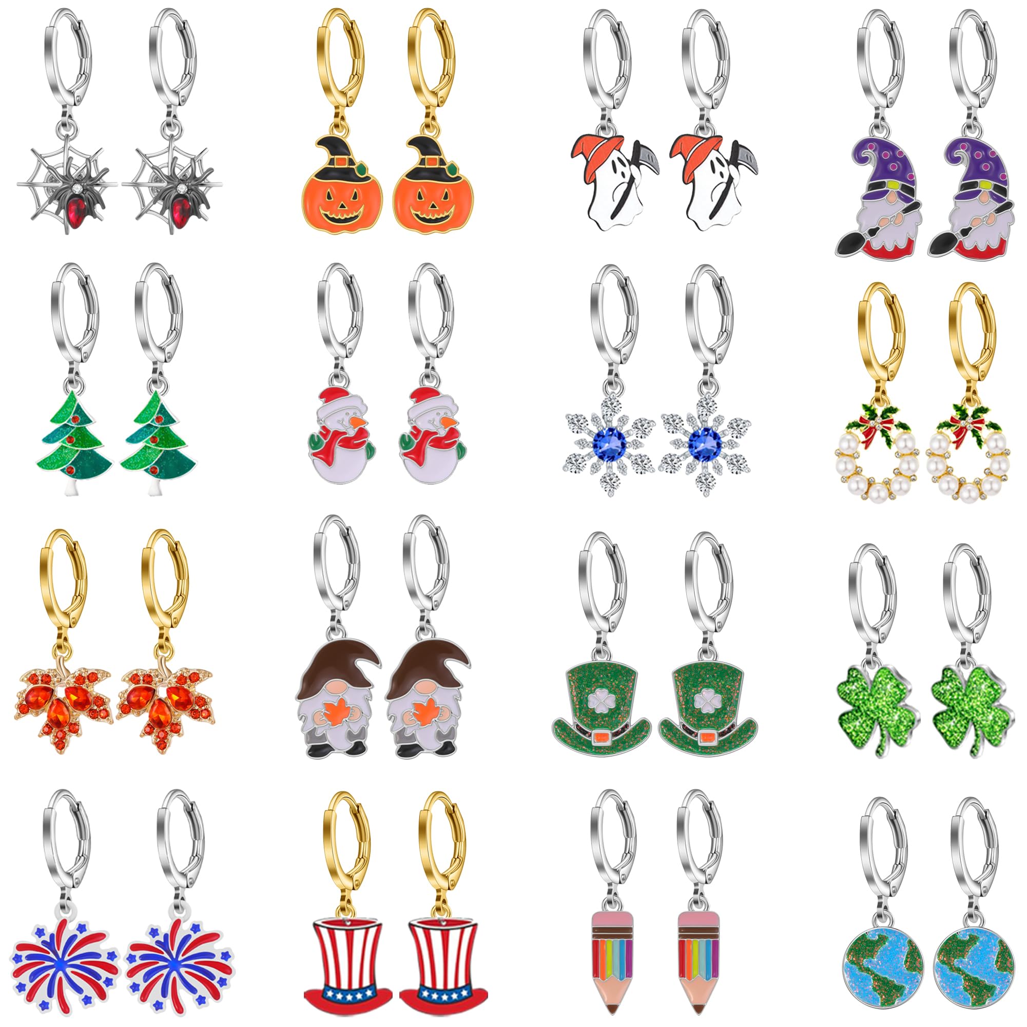 16 Pairs Hypoallergenic Small Hoop Dangle Earrings for Women & Girls - Holiday, Halloween, Christmas, Fall, Thanksgiving, Teacher, St. Patrick's Day & 4th of July Jewelry Gifts | Perfect for Parties, Festivals & Everyday Wear