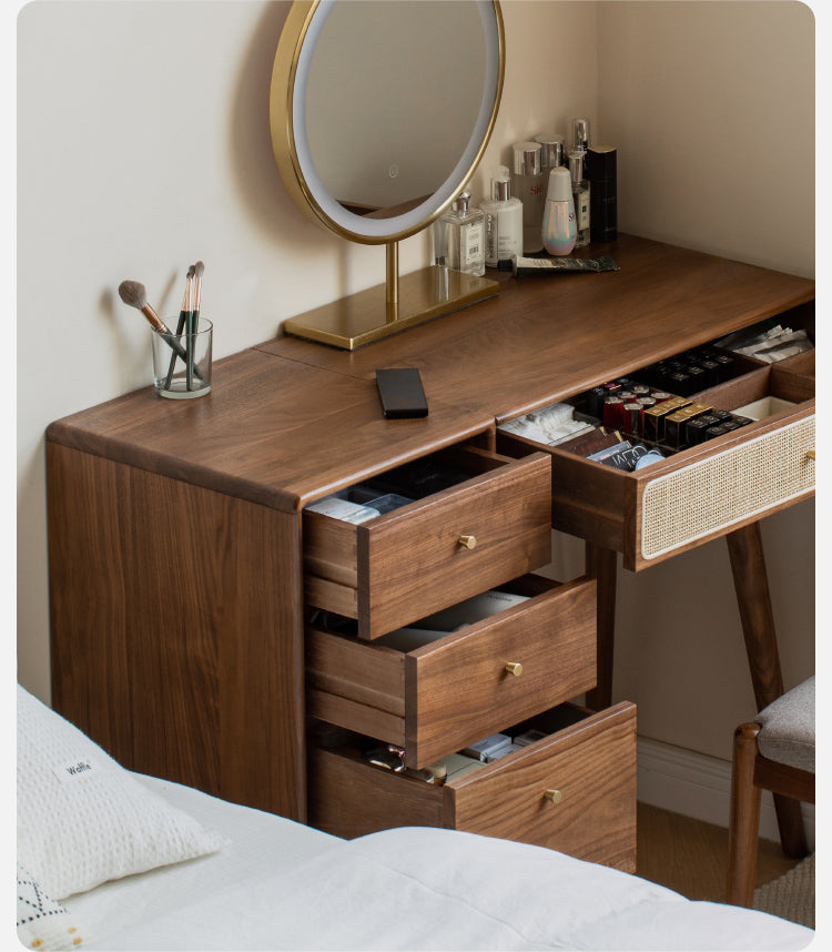 Premium Black Walnut Solid Wood Rattan Vanity Dressing Table - Elegant Makeup Desk with Mirror for Bedroom, Bathroom & Boudoir Organization