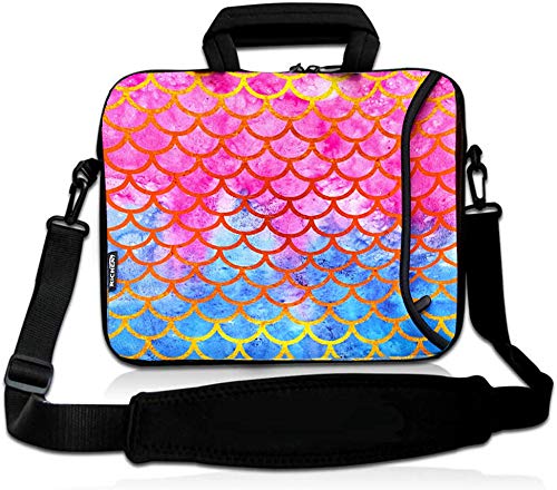 Premium RICHEN 11-13.3 Inch Neoprene Laptop Sleeve Case for MacBook/Chromebook/Notebook - Waterproof Travel Bag with Handle & Shoulder Strap (Mermaid Scale Design) - Perfect for Business, School & Airplane Carry-On