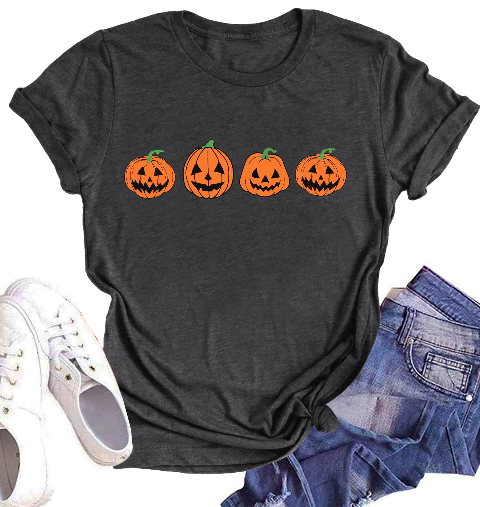 Halloween Pumpkin Shirt for Women - Leopard Print Graphic Tee Short Sleeve Fall T-Shirt - Thanksgiving Gift Top - Perfect for Halloween Parties, Autumn Outfits & Casual Wear