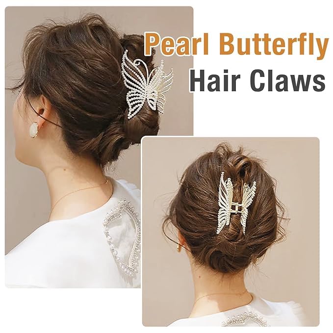 1 Pcs Butterfly Pearl Hair Claw Clips - Large Non-Slip Strong Hold Hair Jaw Clips with Bling Pearls - Elegant Hair Accessories for Women & Girls - Perfect for Weddings, Parties & Everyday Styling
