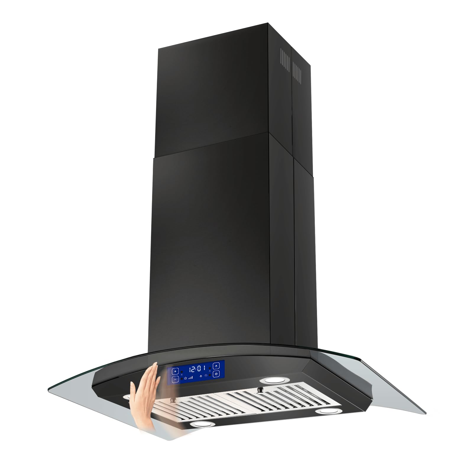 30 Inch Black Stainless Steel Island Range Hood 700CFM - Touch & Gesture Control, Convertible Kitchen Exhaust Fan with Tempered Glass, LED Lights & Permanent Baffle Filters | Modern Ceiling Mount Vent Hood for Open Kitchen & Restaurant Style Cooking